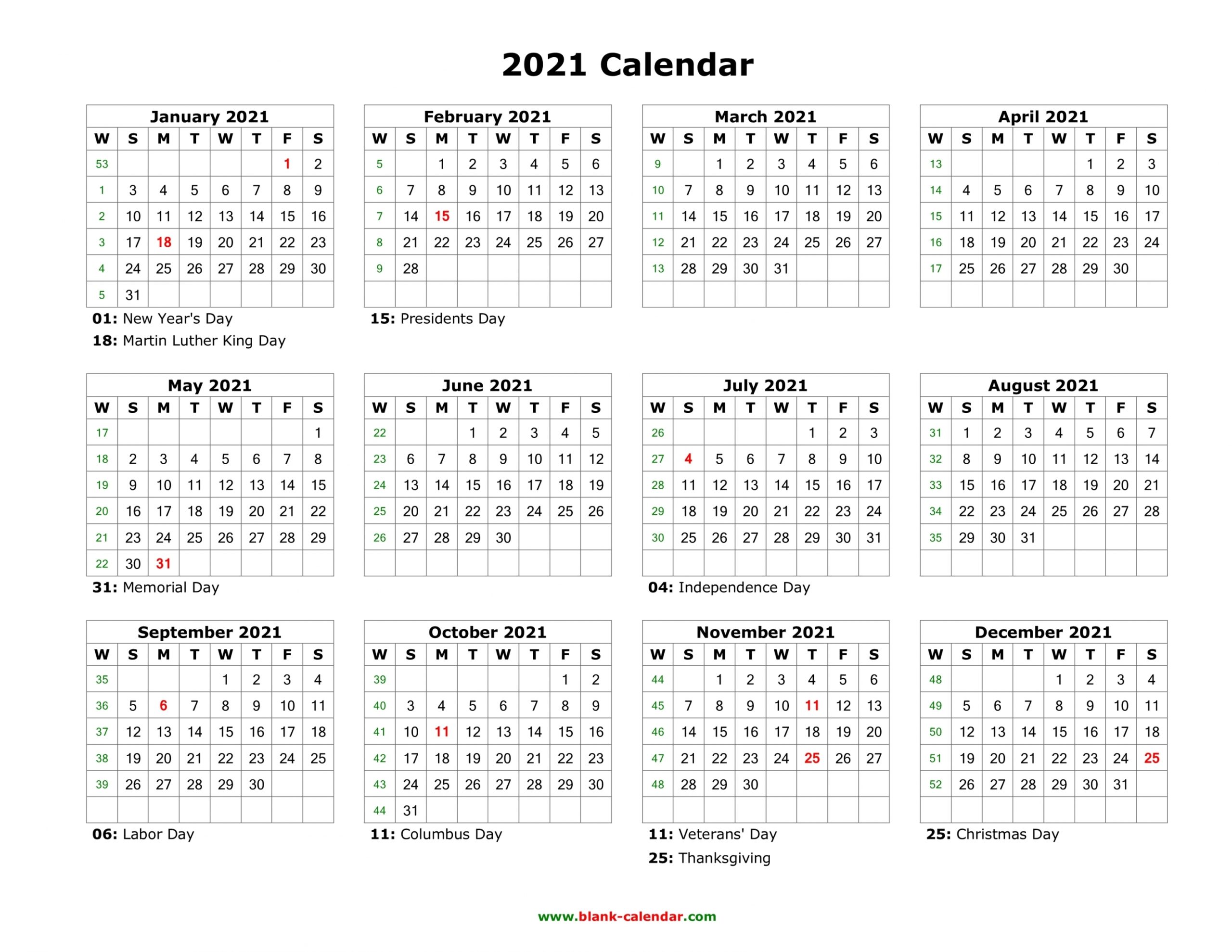 Printable Yearly Calendar 2021 Printable Yearly Calendar 2021