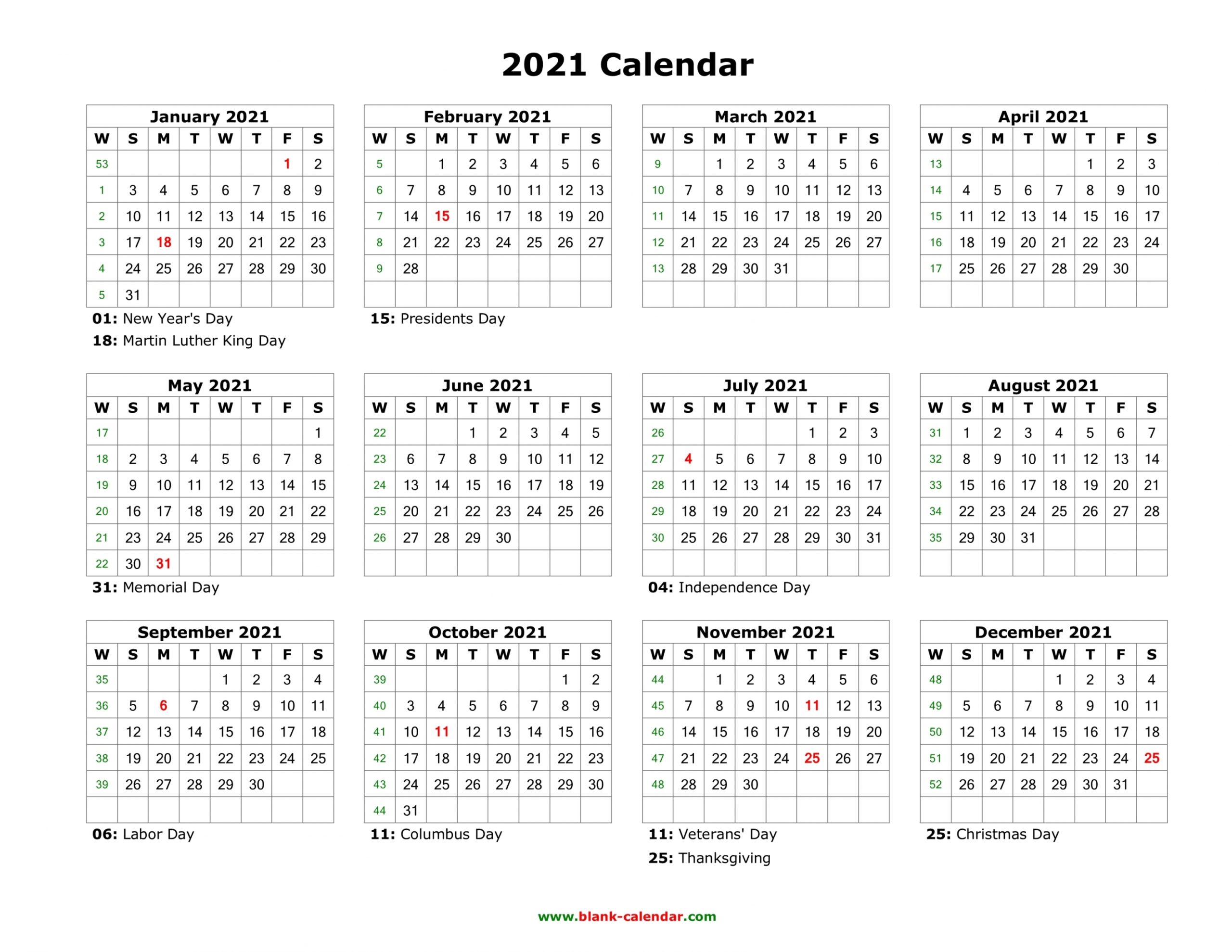 Printable Yearly Calendar 2021 Free Letter Templates