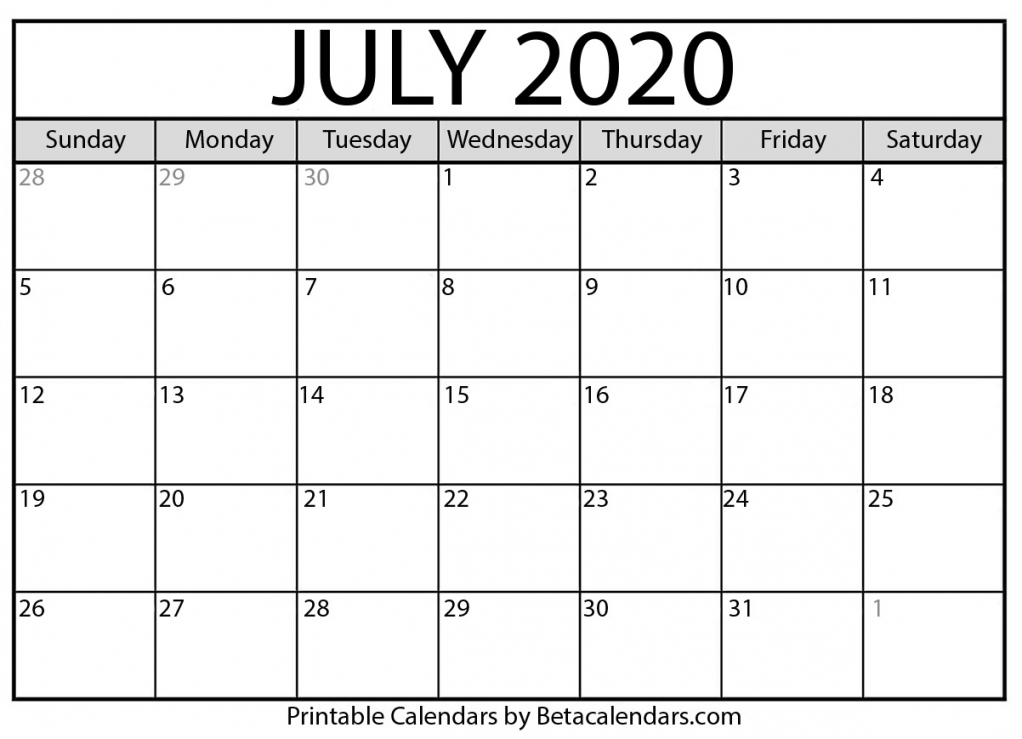July 2020 Calendar Printable July 2020 Calendar Printable