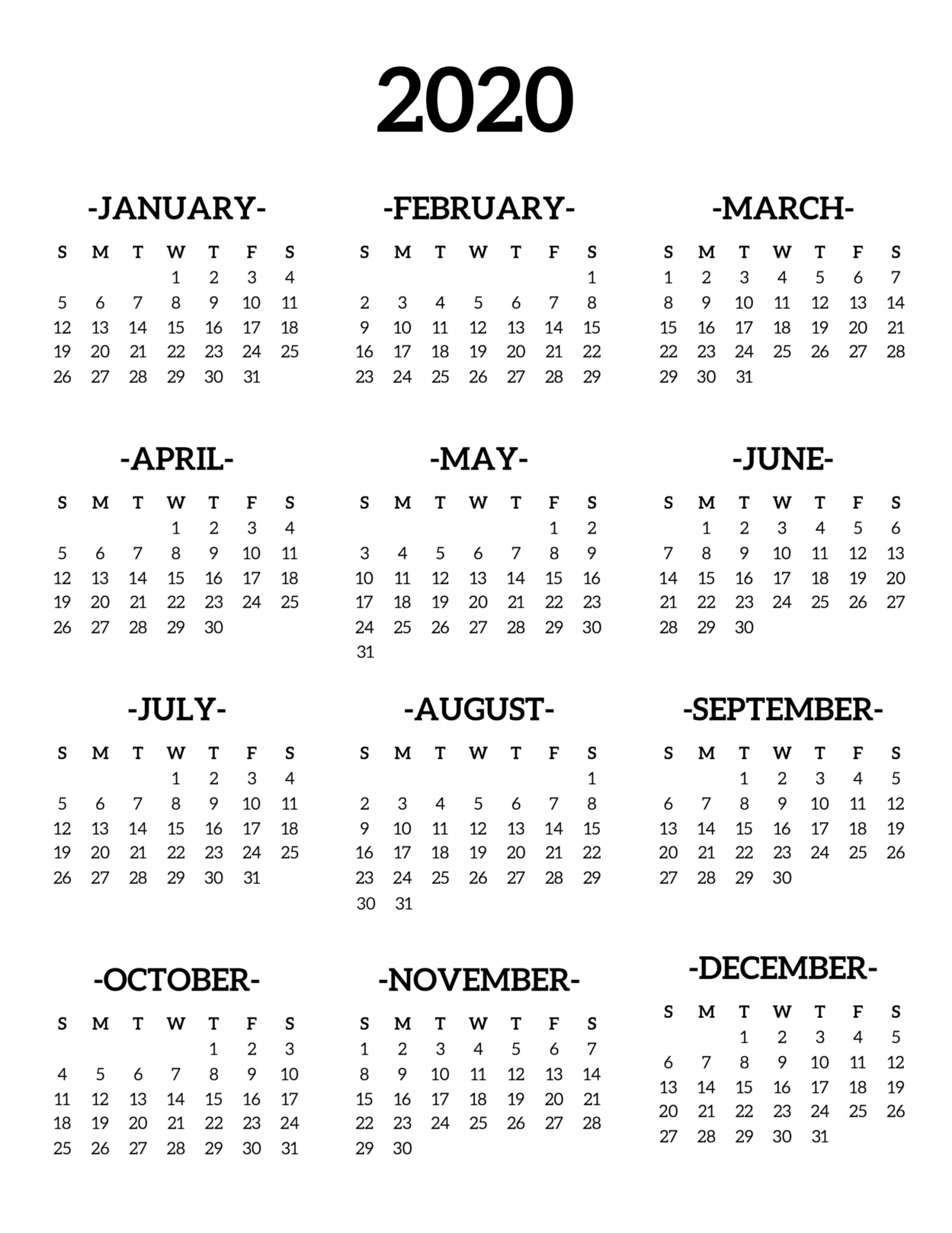 2020 Calendar One Page Printable