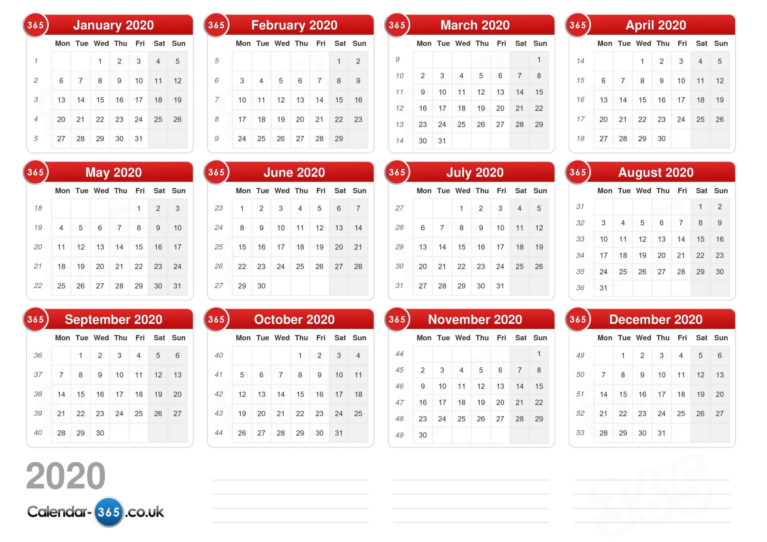 2020 Printable Calendar Uk