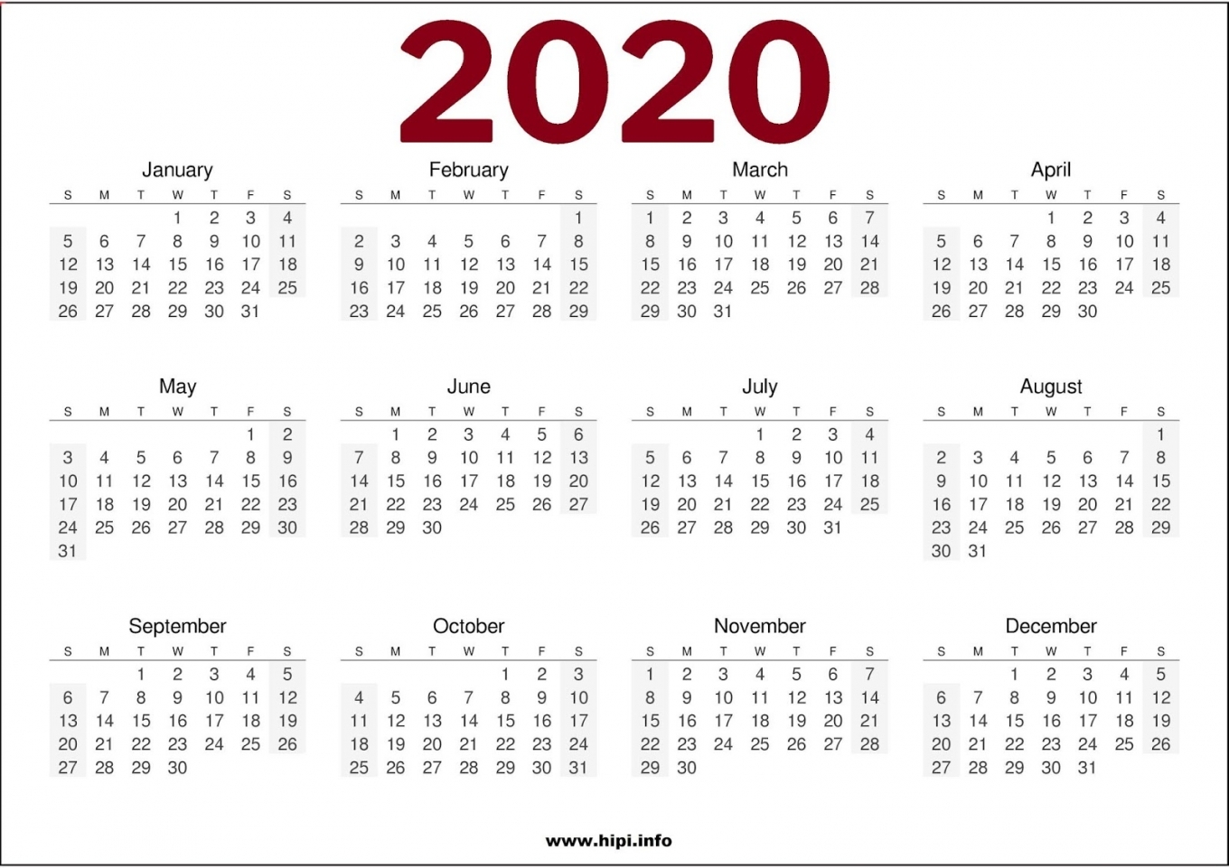 2020 Calendar One Page Printable