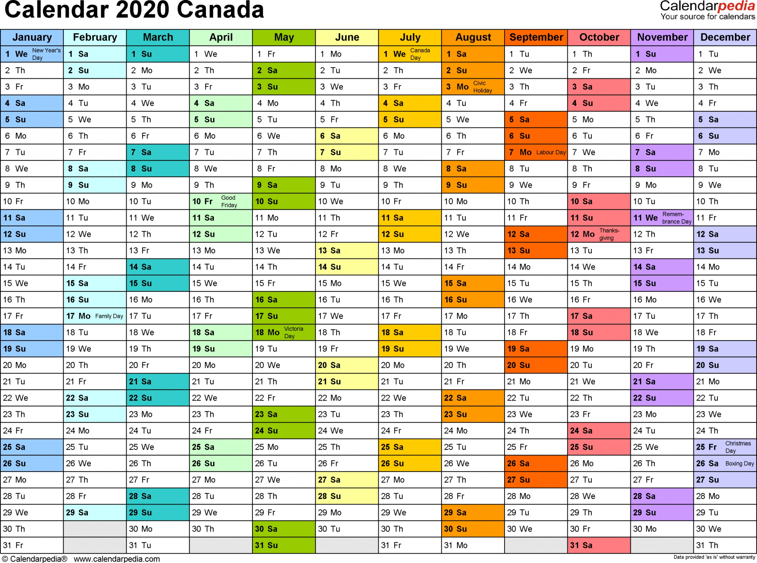 Printable 2020 Calendar Canada