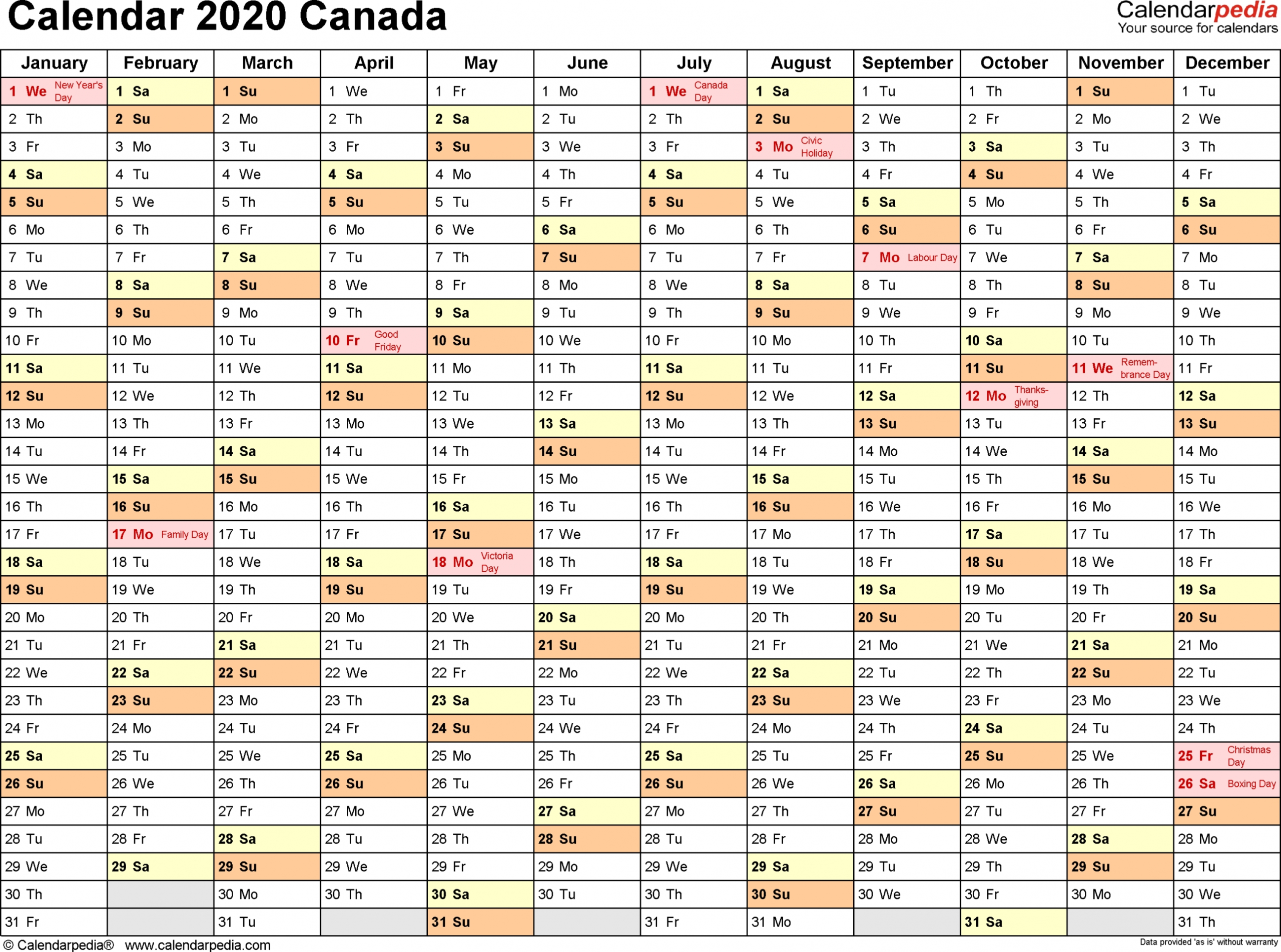 2020 Printable Calendar Canada