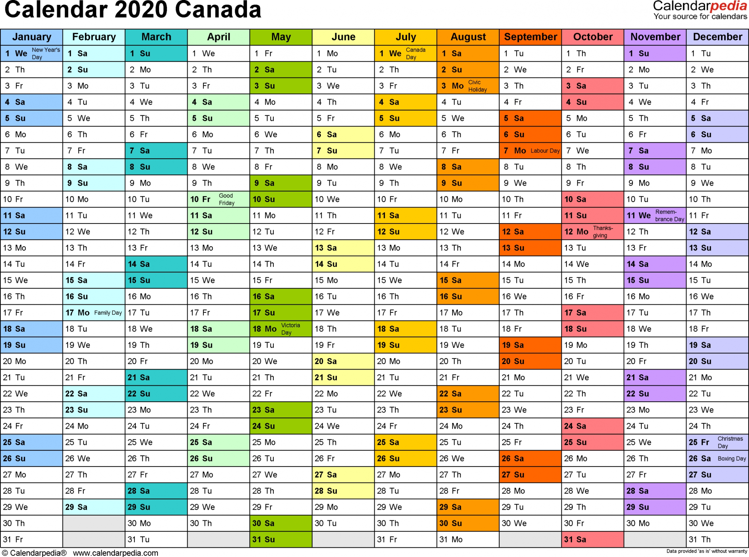 2020 Printable Calendar Canada