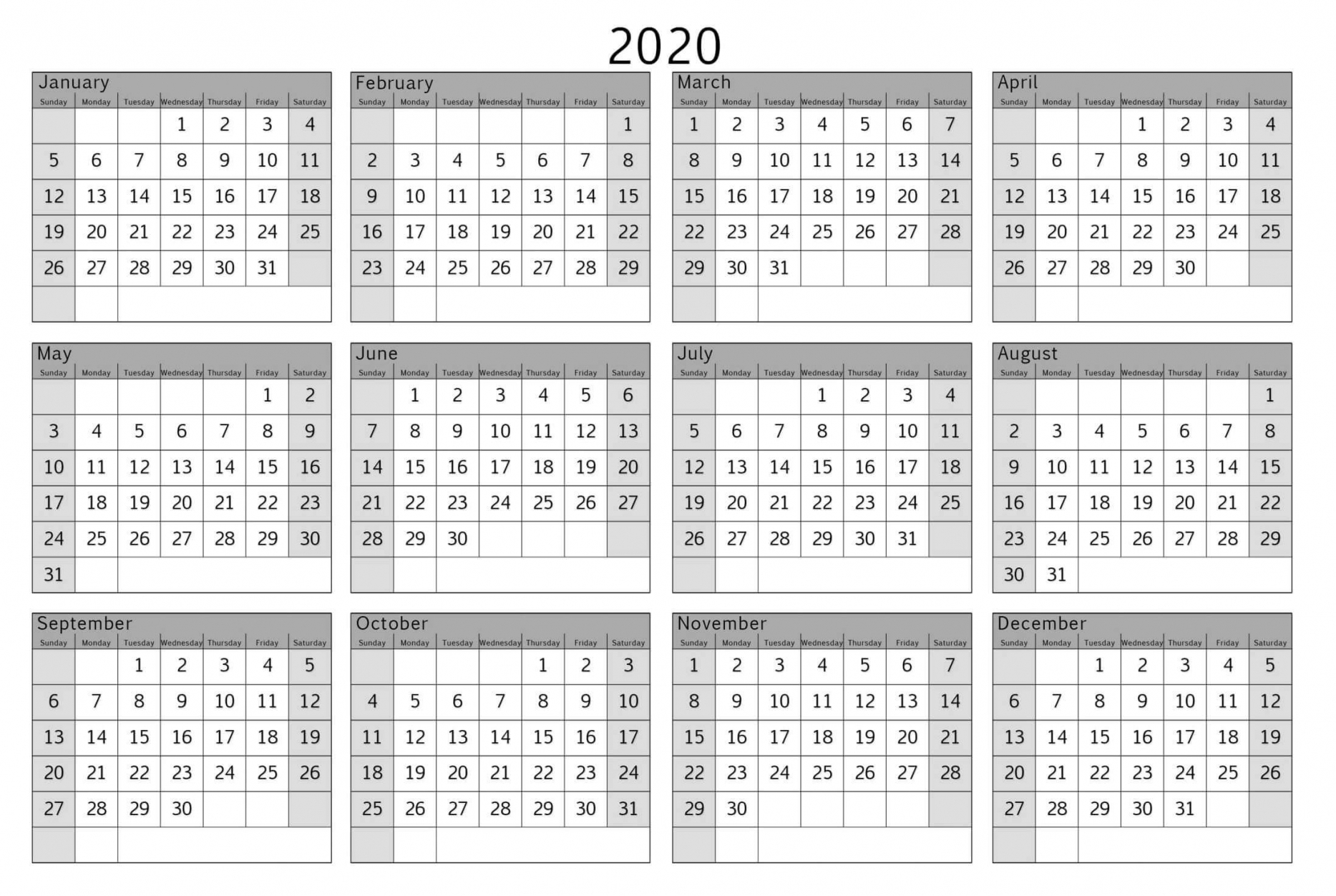 Free Printable Year At A Glance Calendar 2020