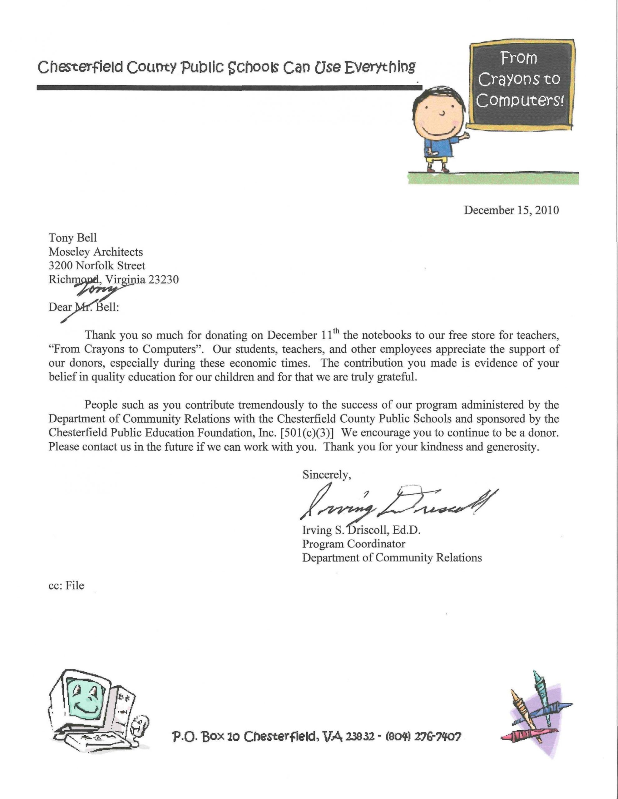 Sample Thank You Letter For Donation Of School Supplies