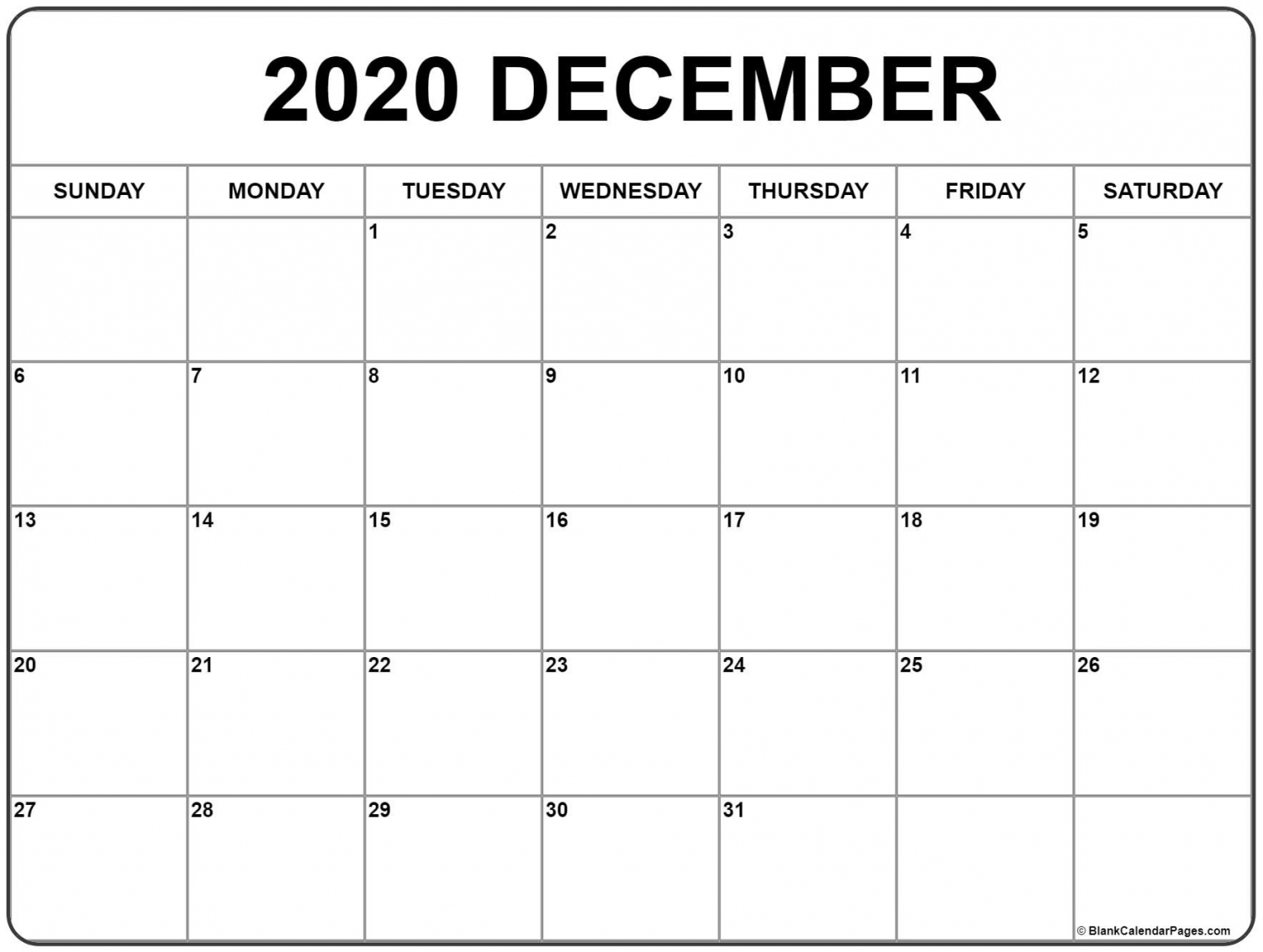Printable December Calendar 2020