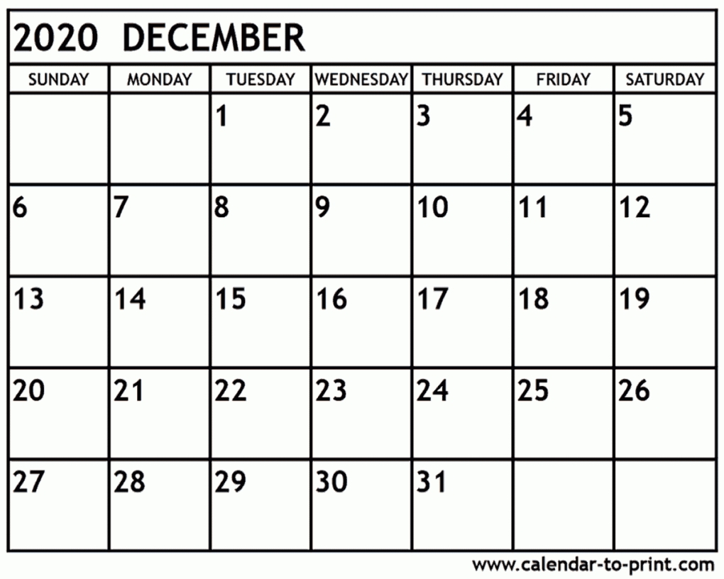 Printable December Calendar 2020 Printable December Calendar 2020