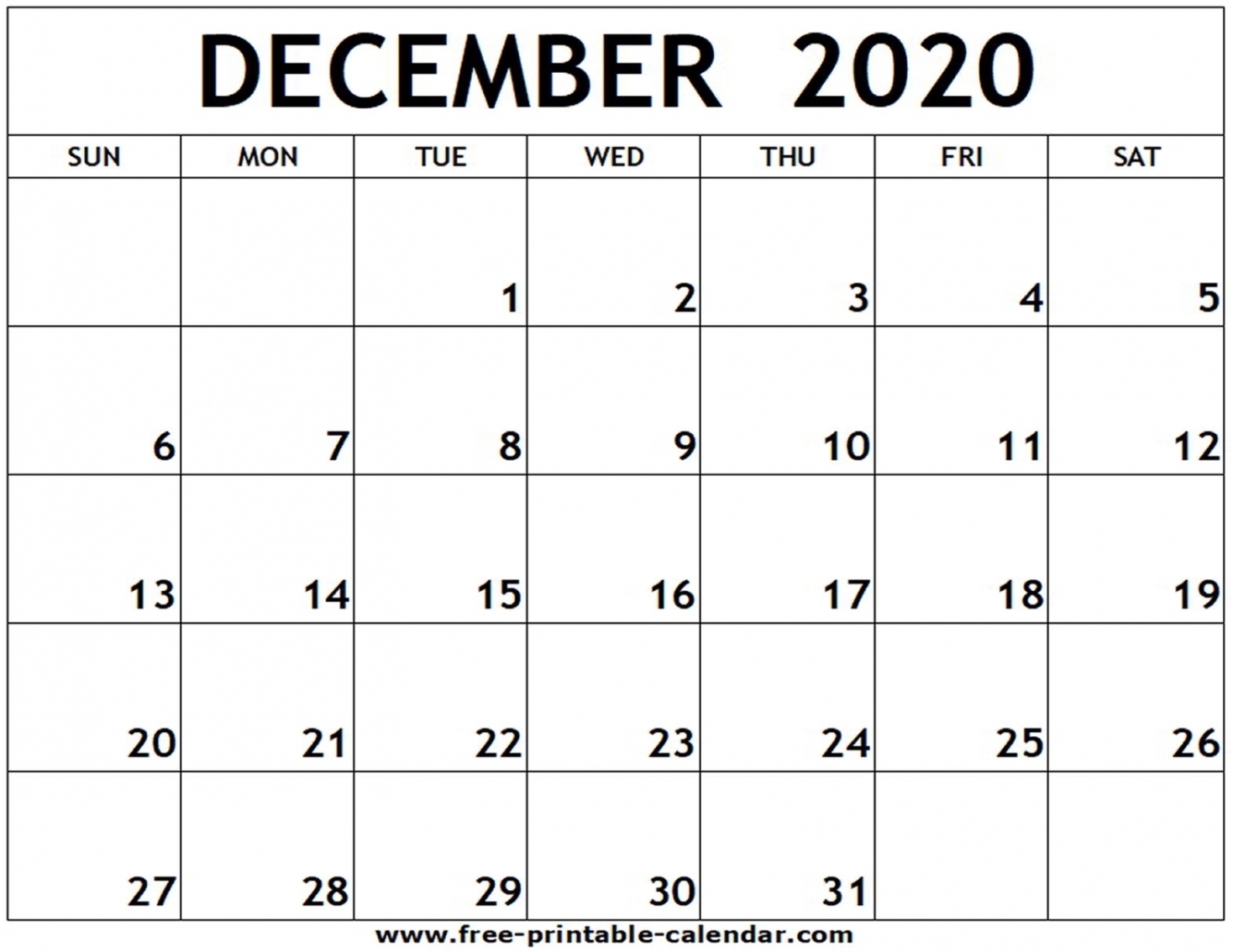 Printable December Calendar 2020 Printable December Calendar 2020