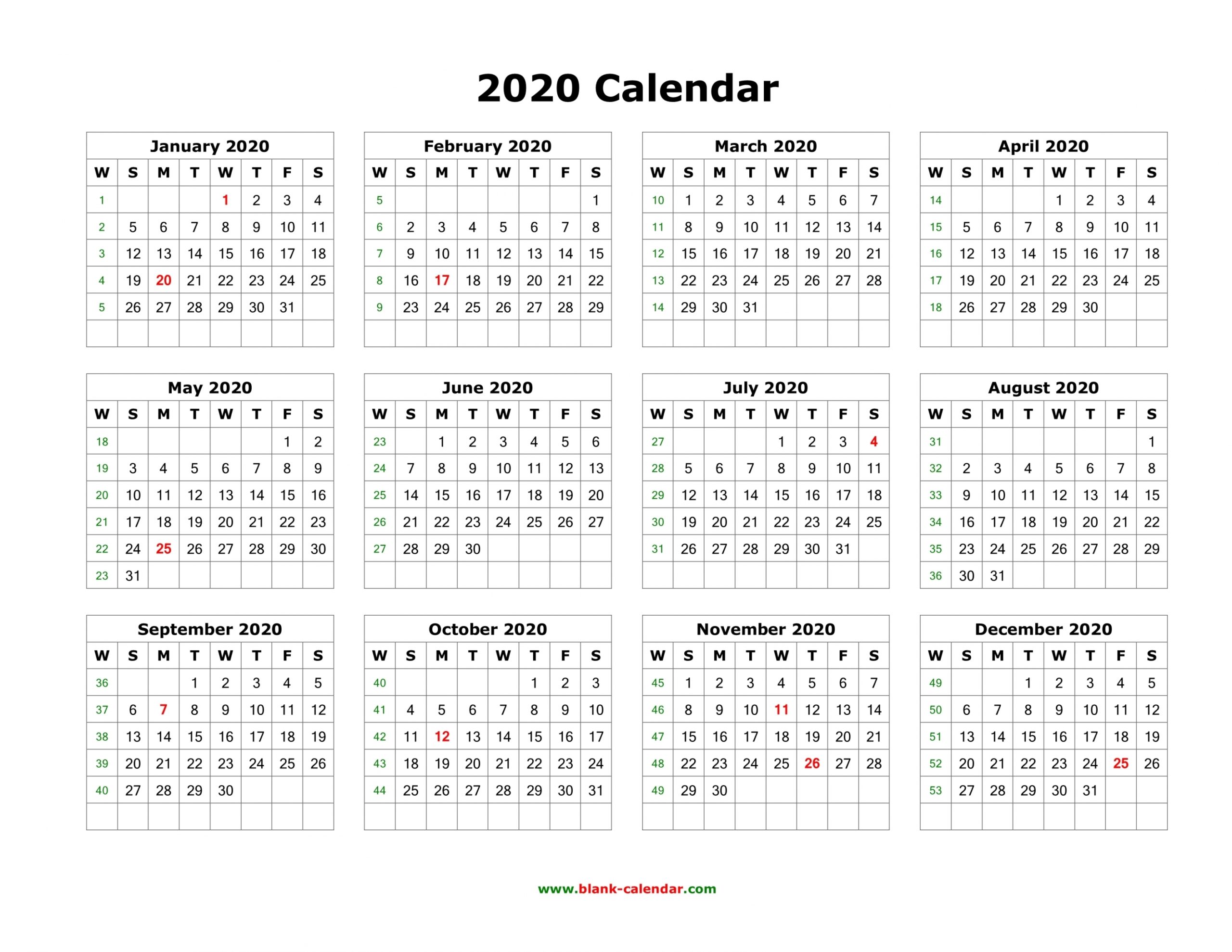 Printable Yearly Calendar 2020