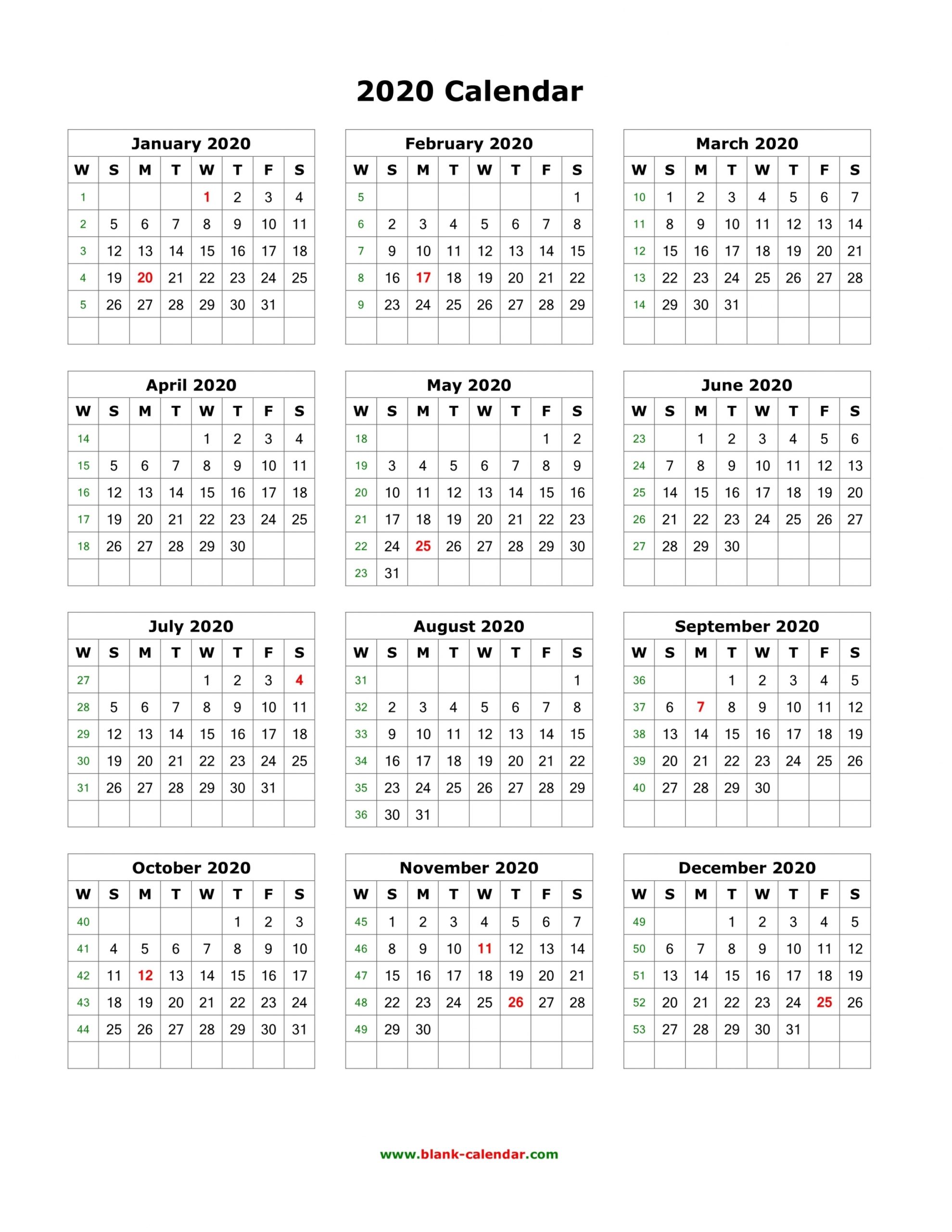 2020 Calendar One Page Printable