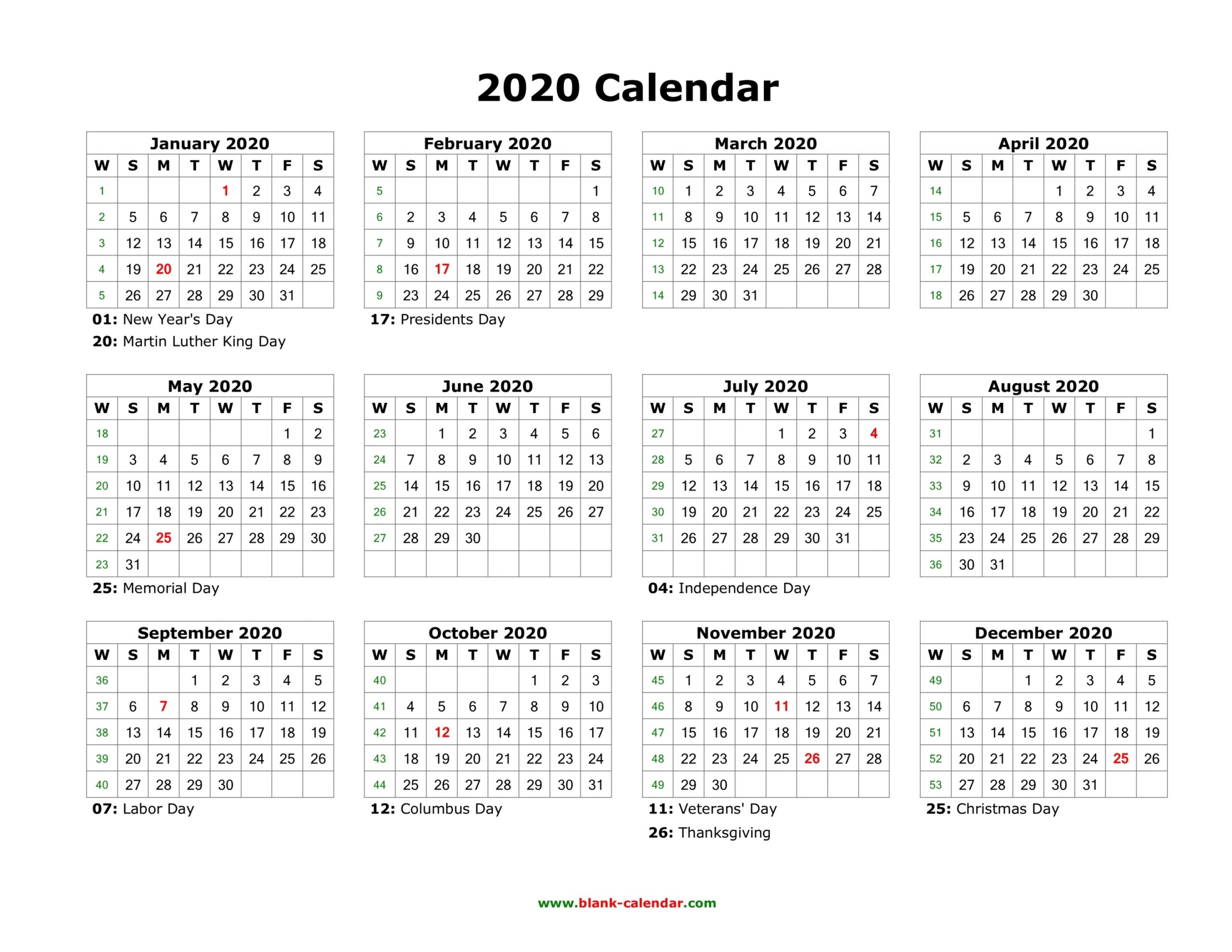 2020 Printable Yearly Calendar