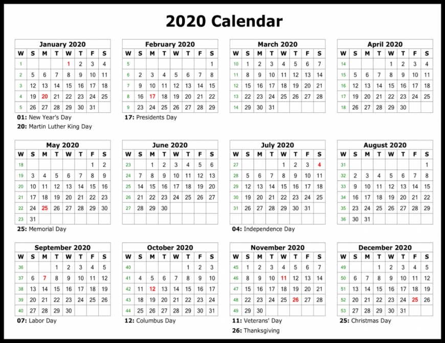 Printable 2020 Calendar With Holidays Printable 2020 Calendar With Holidays