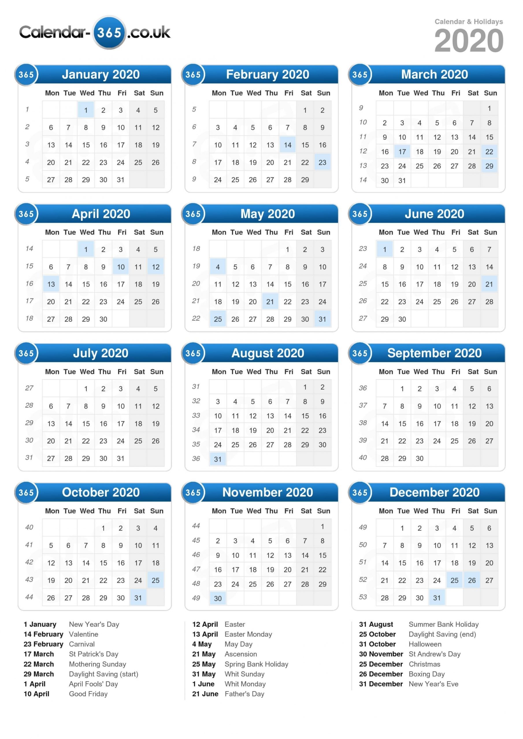 Printable 2020 Calendar Uk