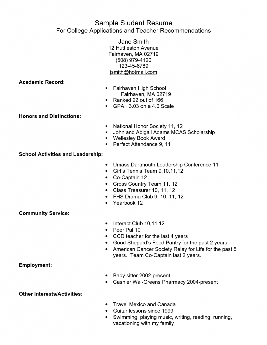 College Application Resume Example