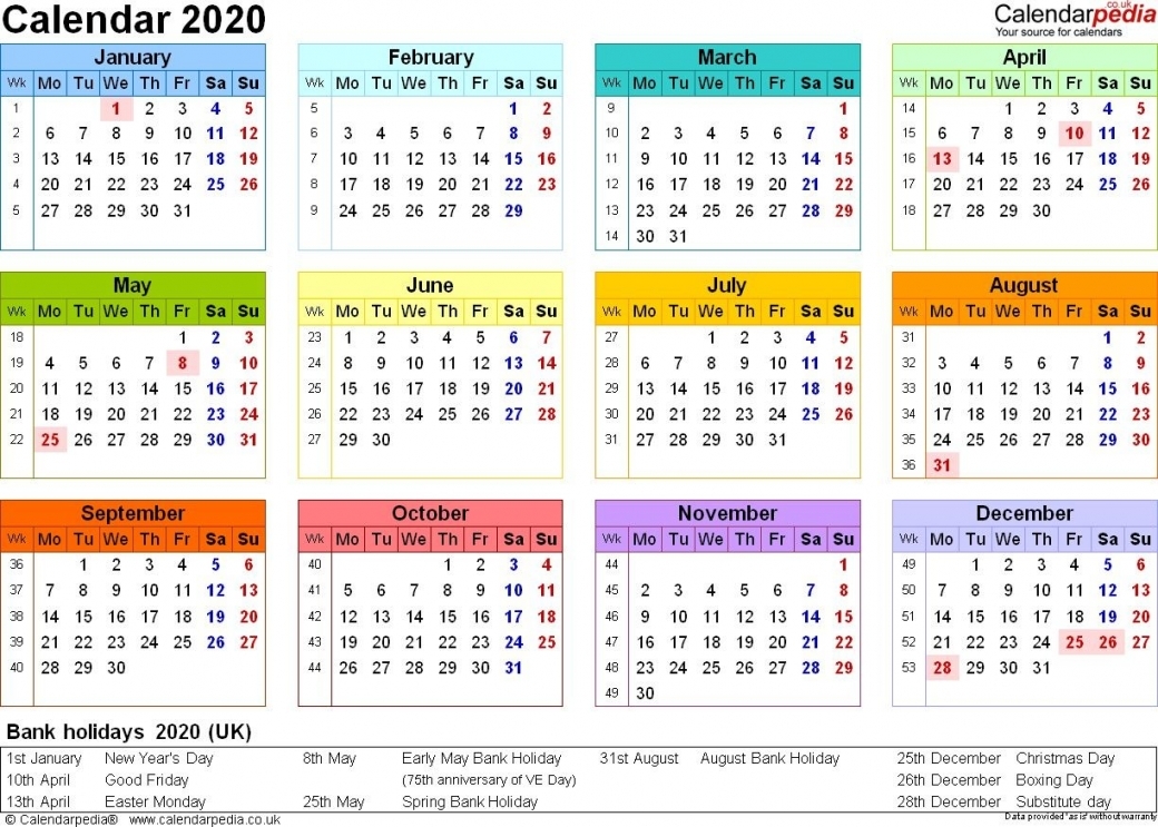 Printable 2020 Calendar Uk