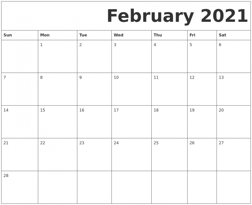 Printable Blank February Calendar 2021 Printable Blank February Calendar 2021