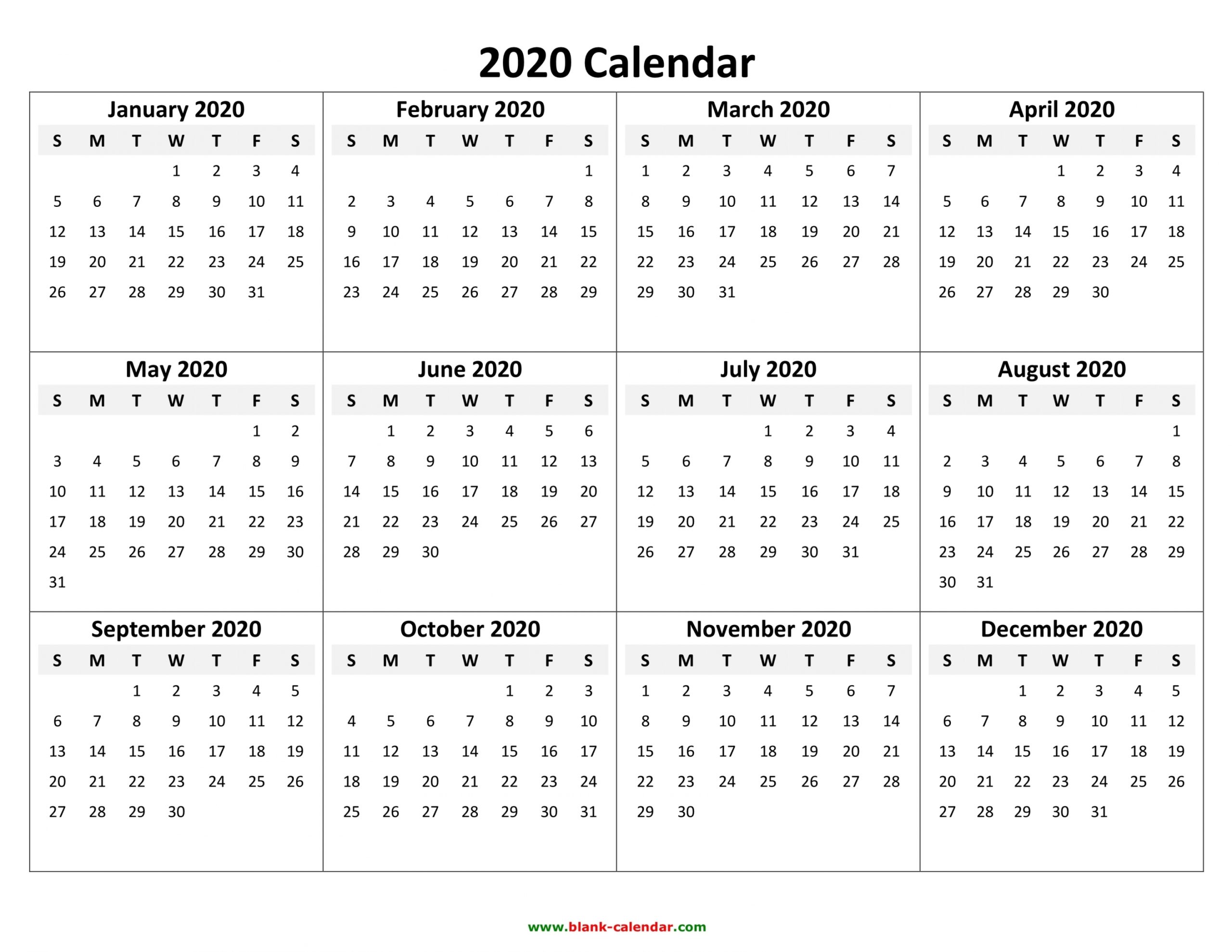 2020 Free Printable Yearly Calendar