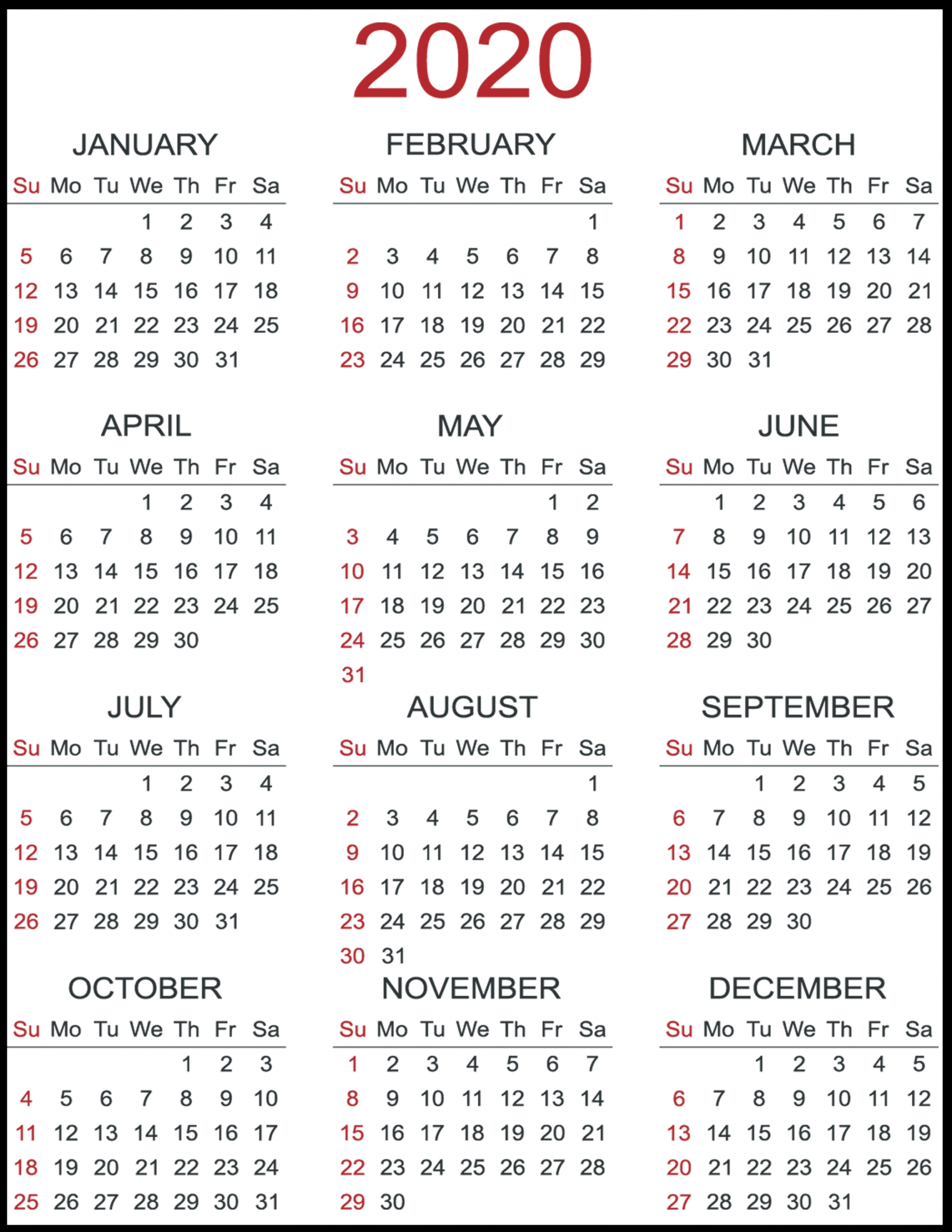Free Calendar Printable 2020