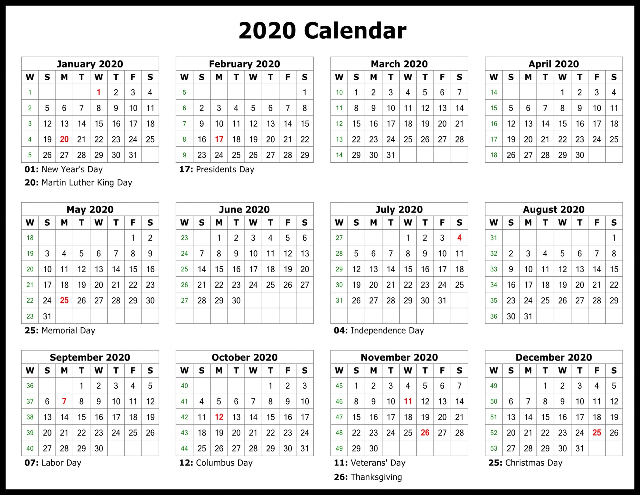 Calendar 2020 Year View Template