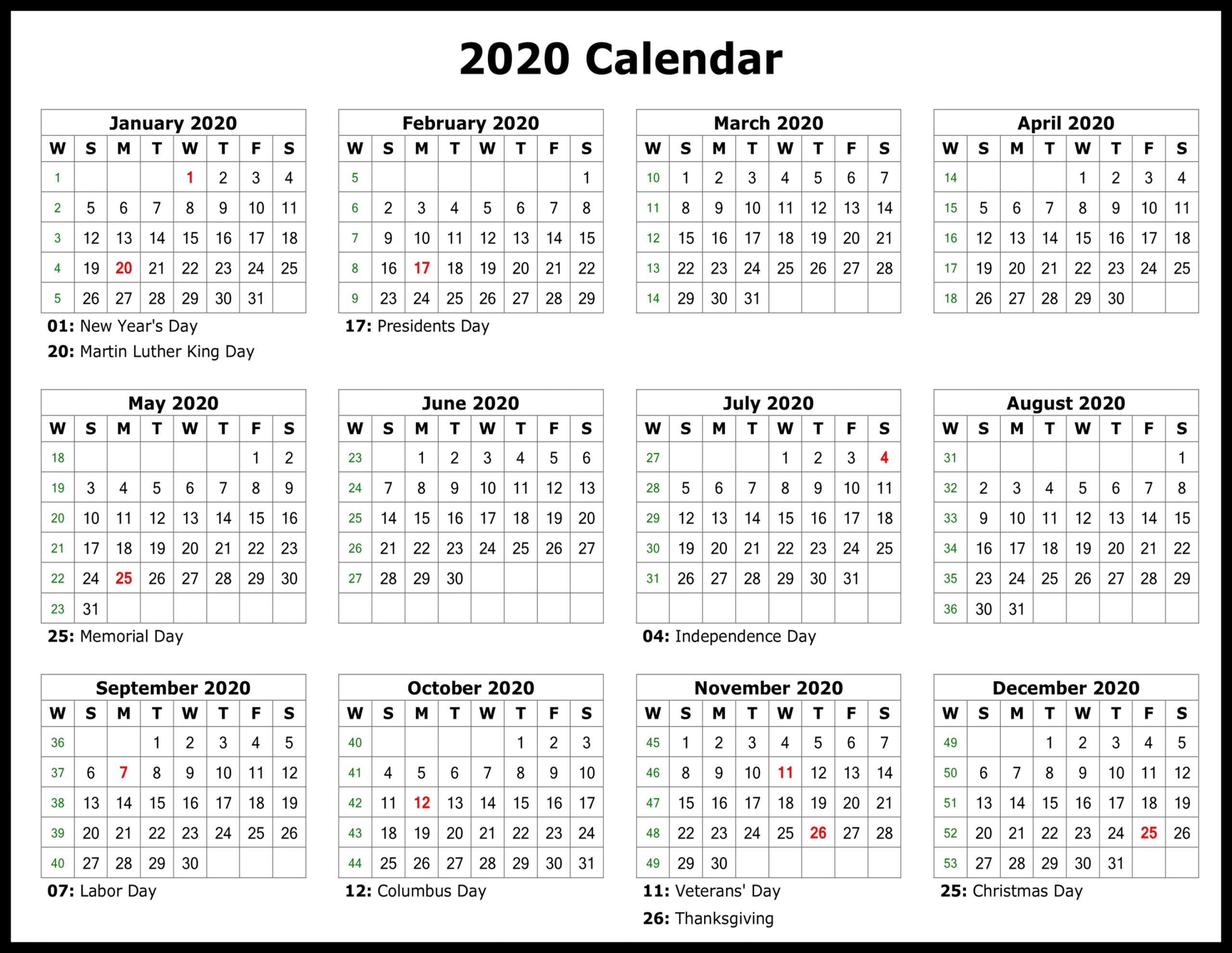 Calendar 2020 Year View Template Calendar 2020 Year View Template
