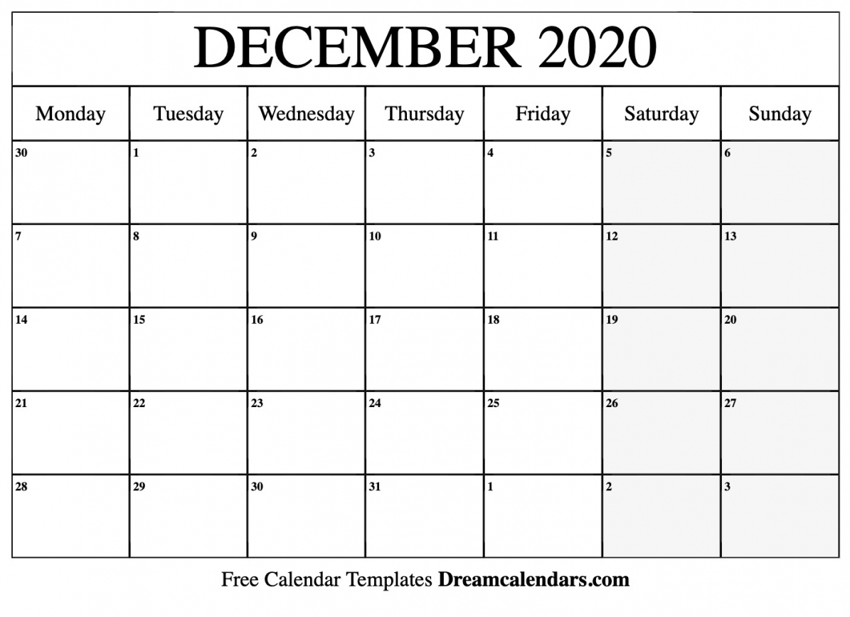 December Calendar 2020 Printable