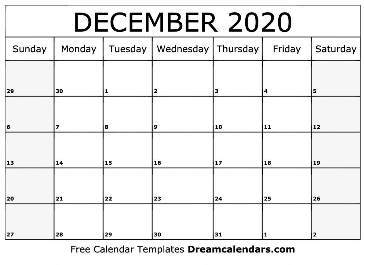 Free Blank December 2020 Printable Calendar