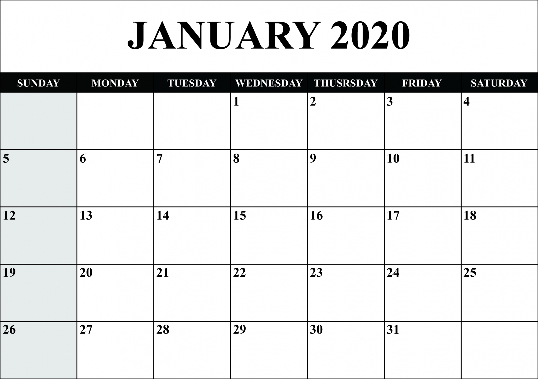 2020 Word Printable Calendar
