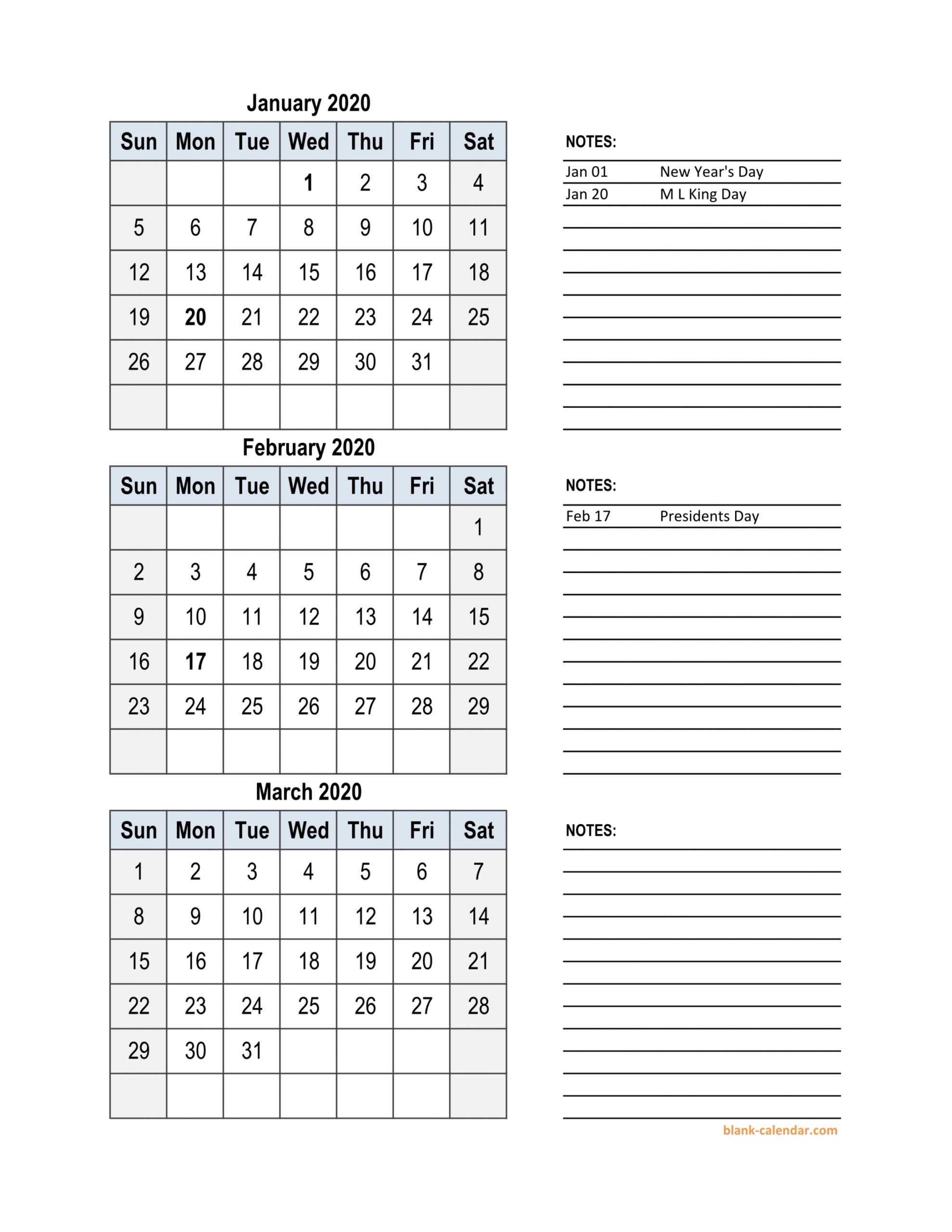 Printable 3 Month Calendar 2020 Printable 3 Month Calendar 2020