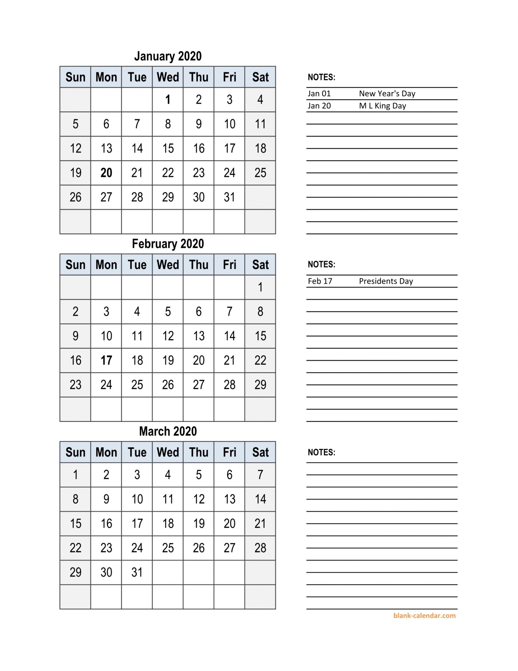 Three Month Calendar 2020 Template