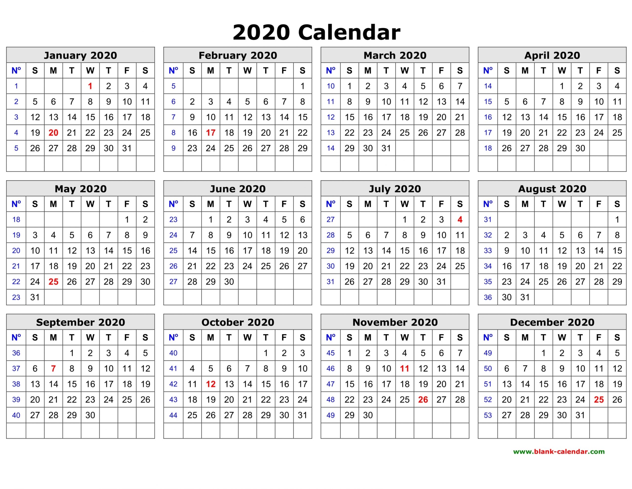 Printable Calendar 2020 Year