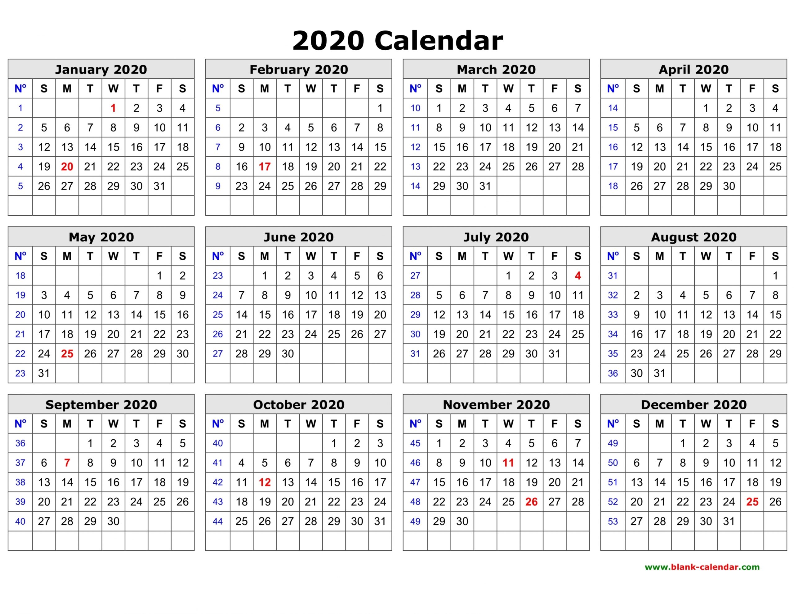 2020 Free Printable Yearly Calendar 2020 Free Printable Yearly Calendar