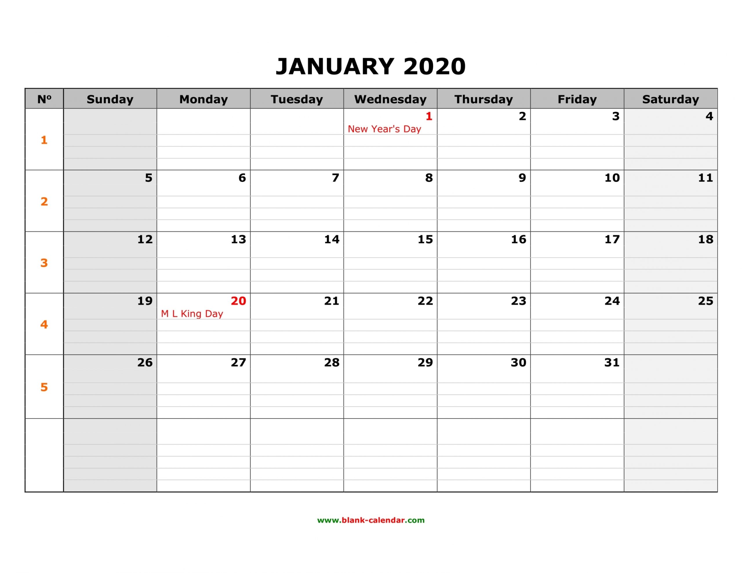 2020 Large Printable Calendar