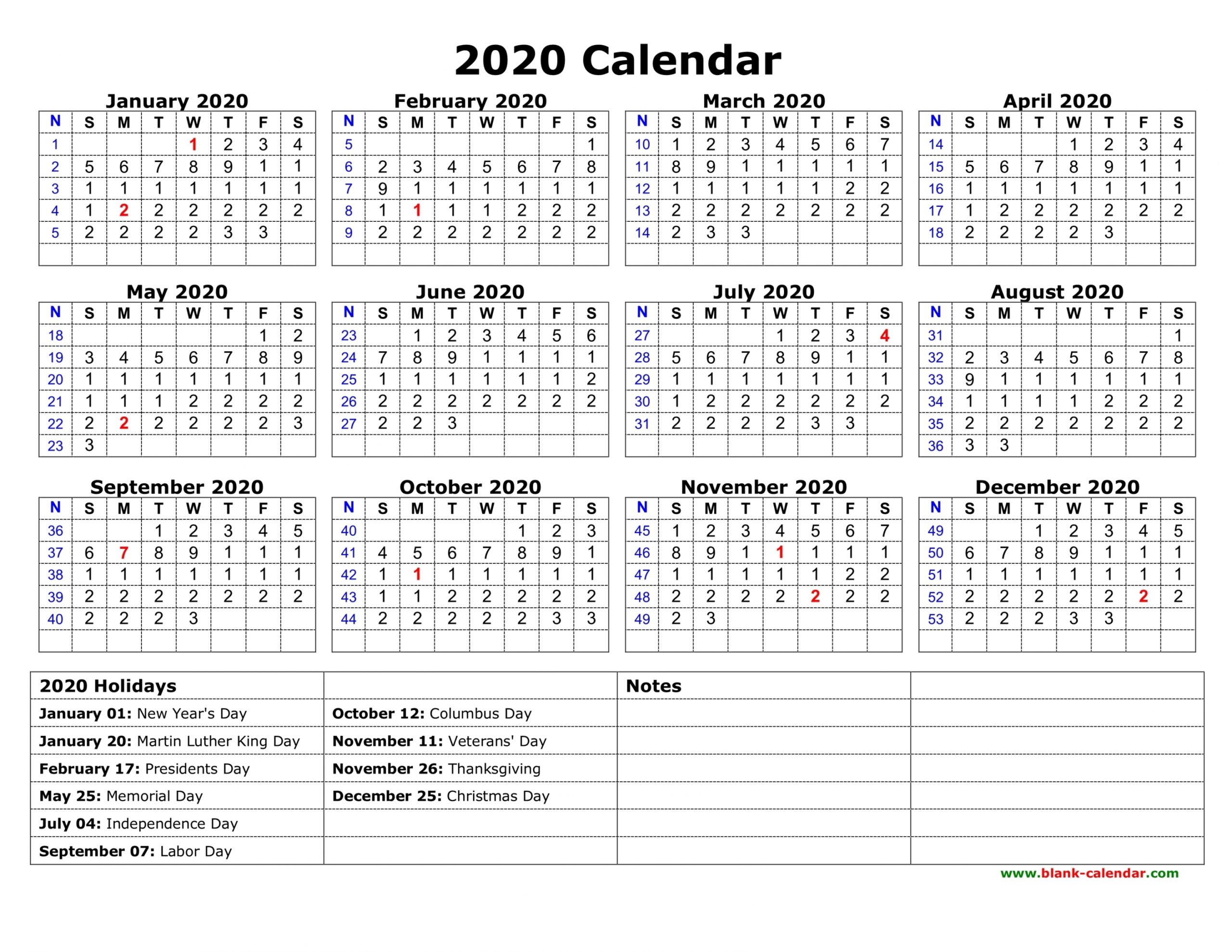 2020 Printable Calendar With Us Holidays