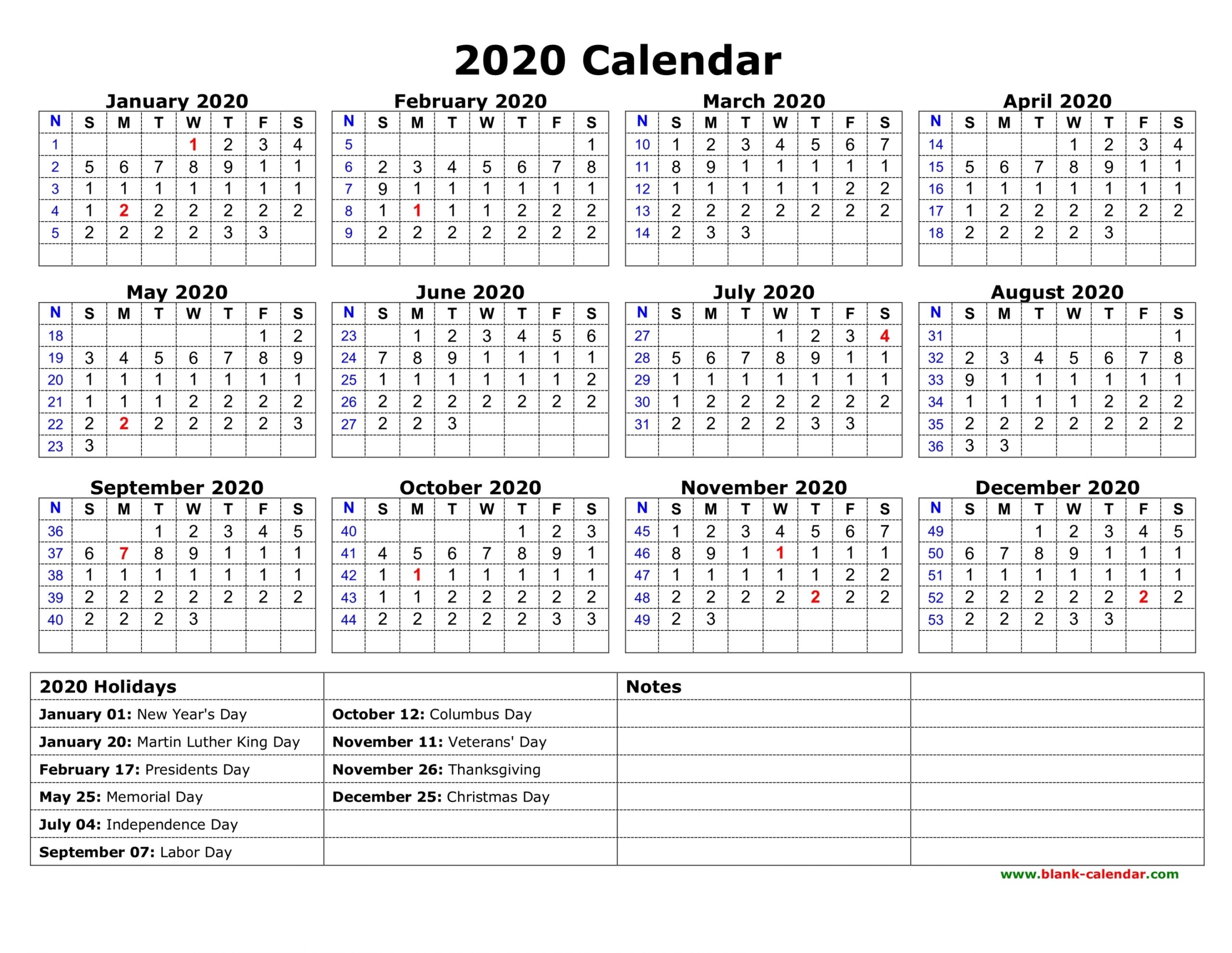 Free 2020 Printable Calendar With Holidays