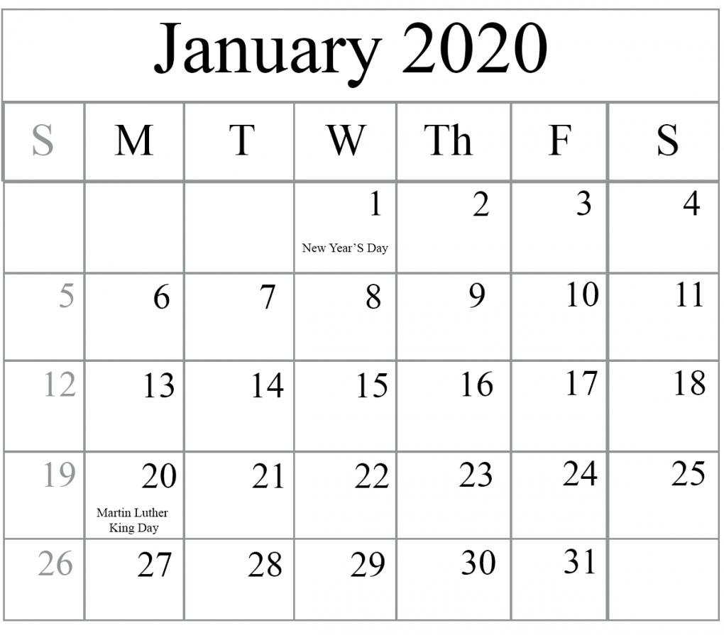 2020 Printable Calendar Word