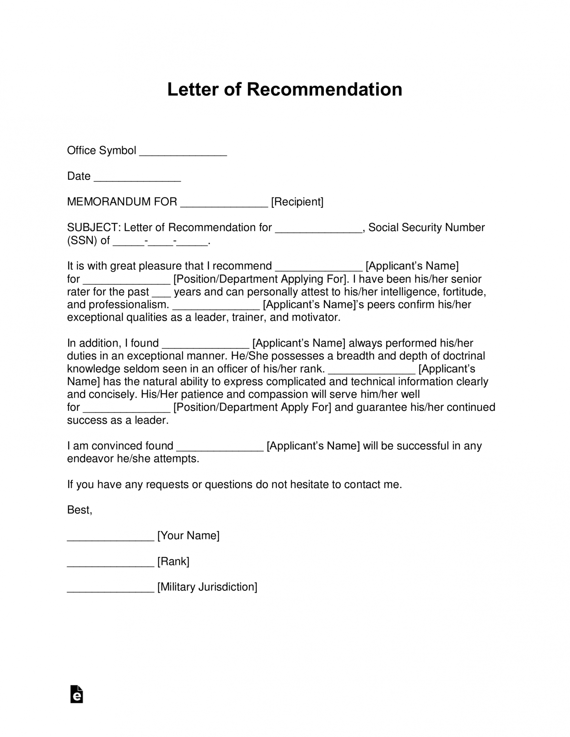 Army Ocs Letter Of Recommendation Example