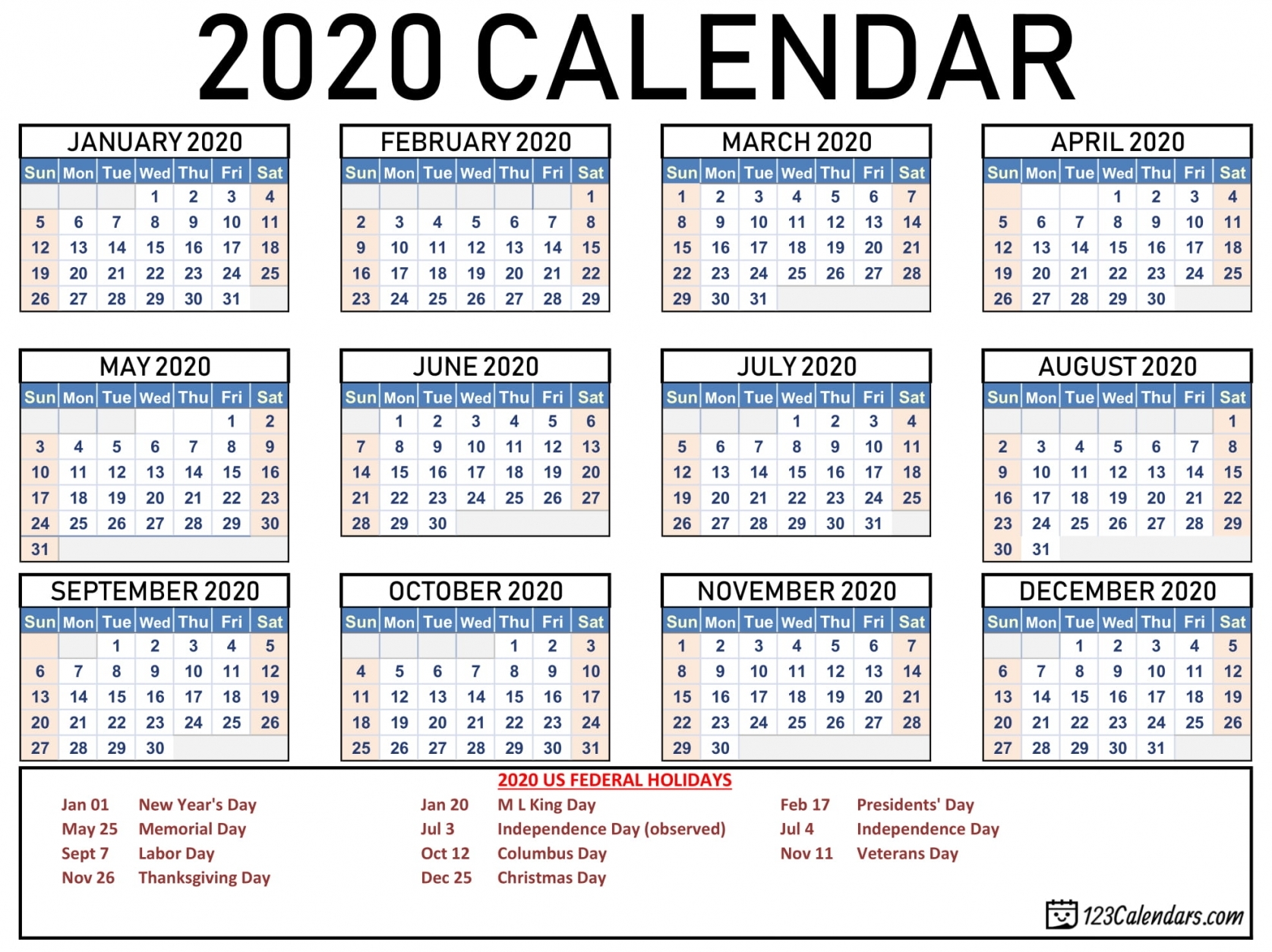 2020 Calendar Holidays Printable