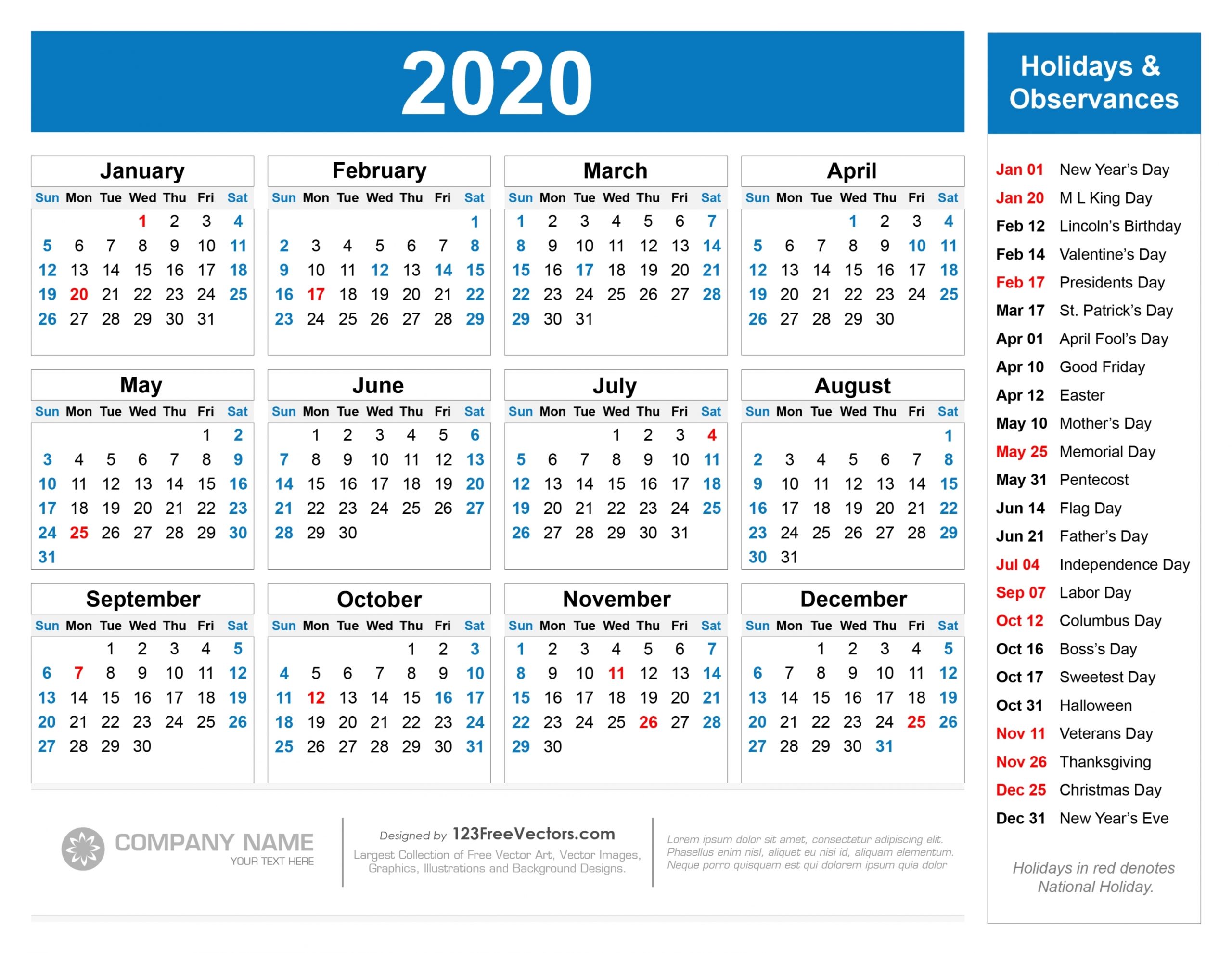 2020 Calendar With Holidays Printable Free Letter Templates