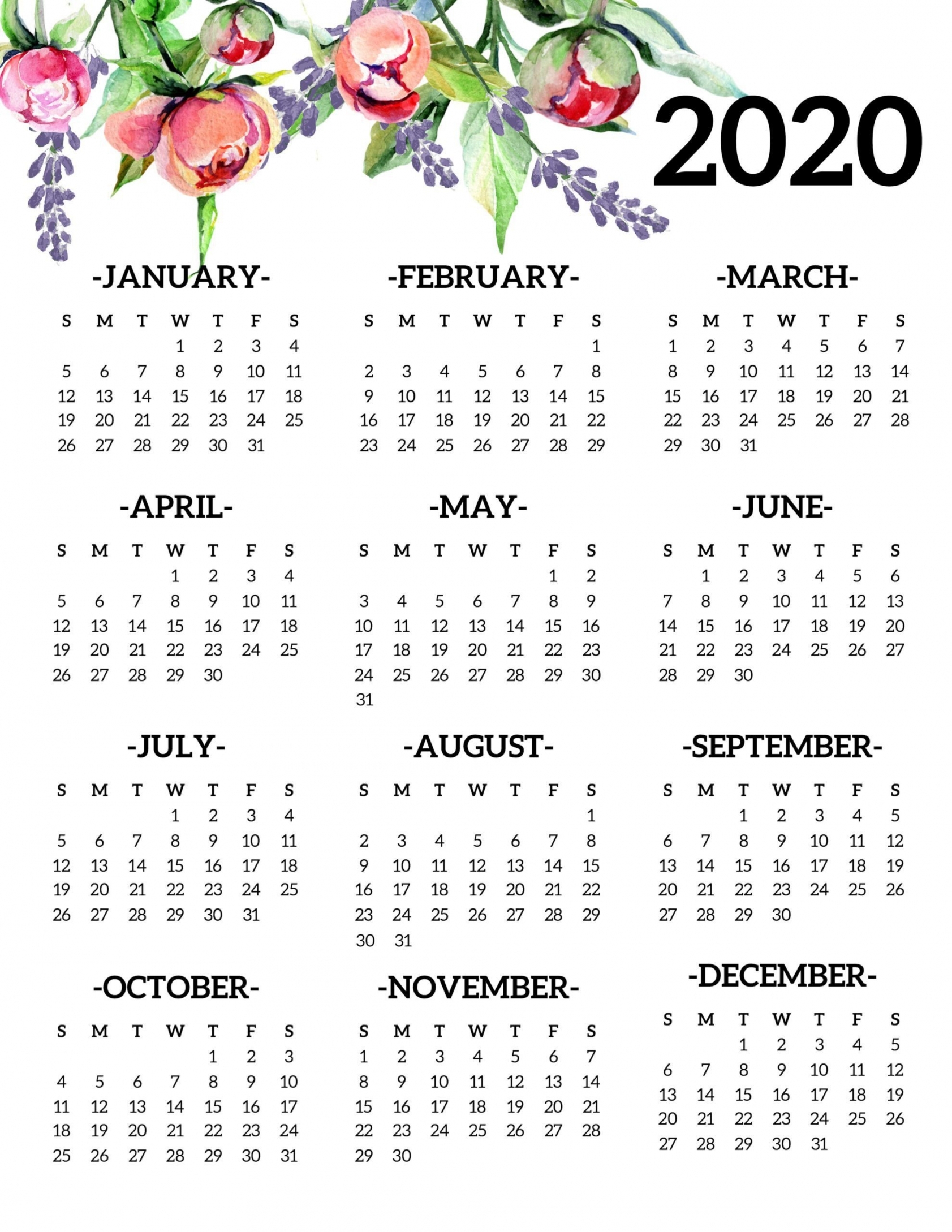 2020 Calendar One Page Printable