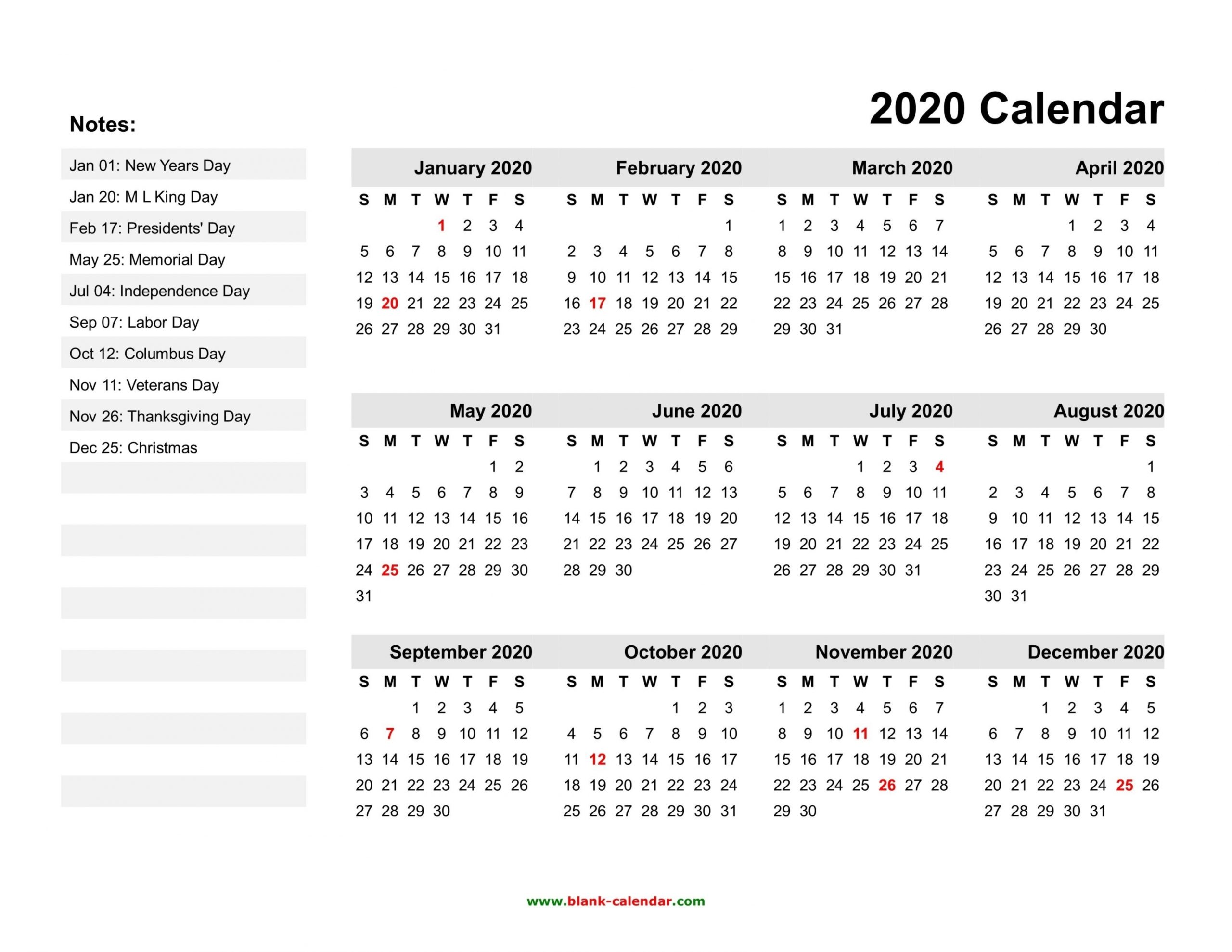 2020 Printable Calendar With Us Holidays