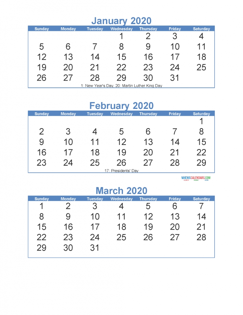 Printable 3 Month Calendar 2020 Printable 3 Month Calendar 2020