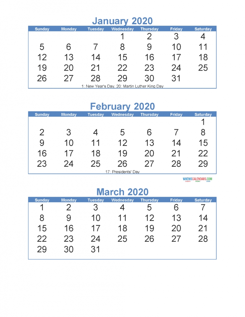 Printable 3 Month Calendar 2020