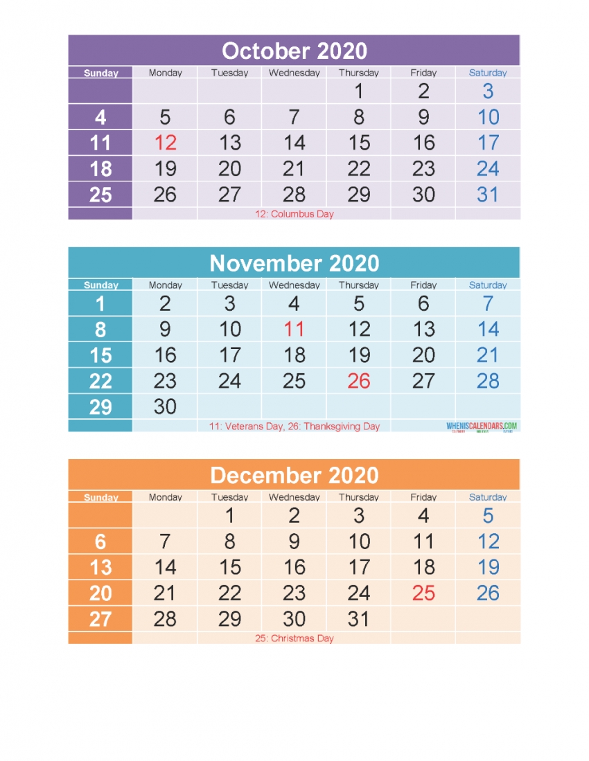 Printable 3 Month Calendar 2020