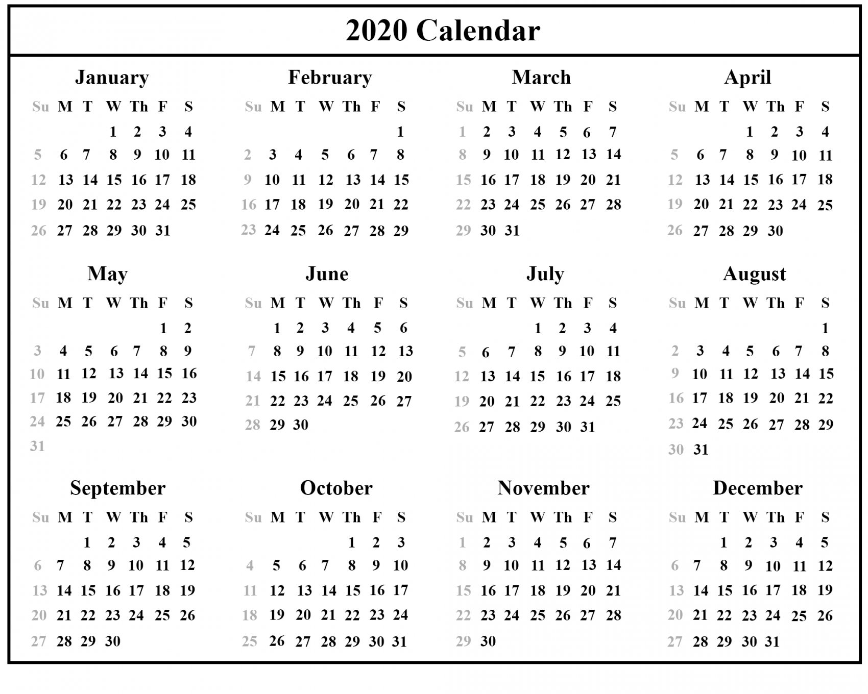 2020 Calendar Pdf Printable