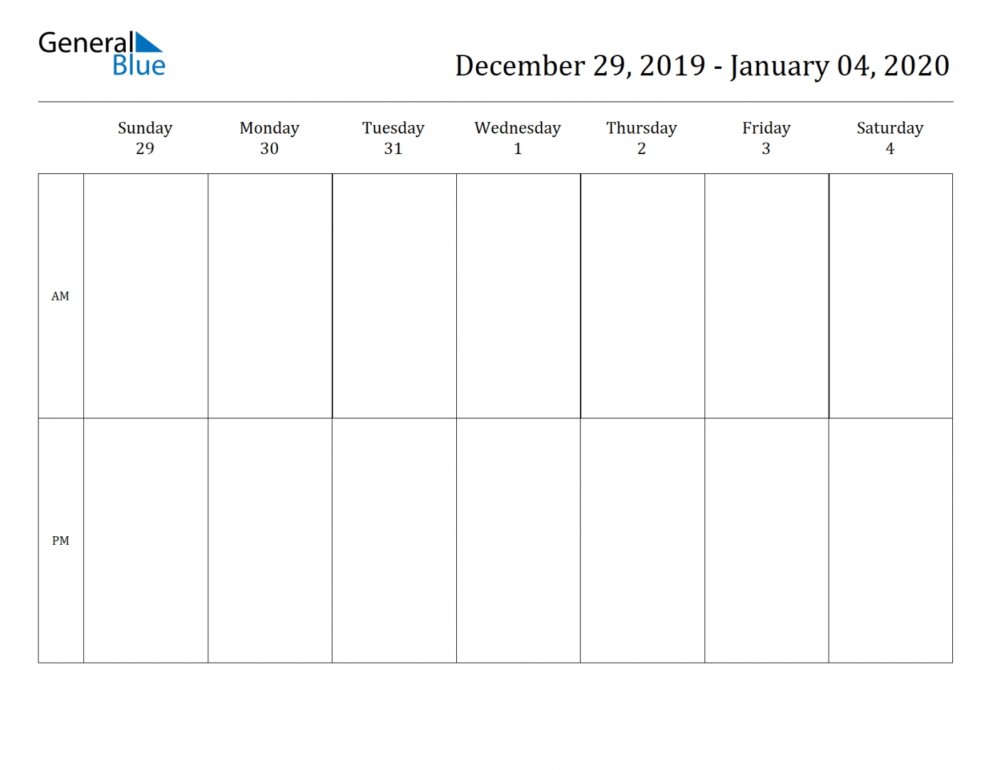 2 Week Blank Calendar 2020 Printable