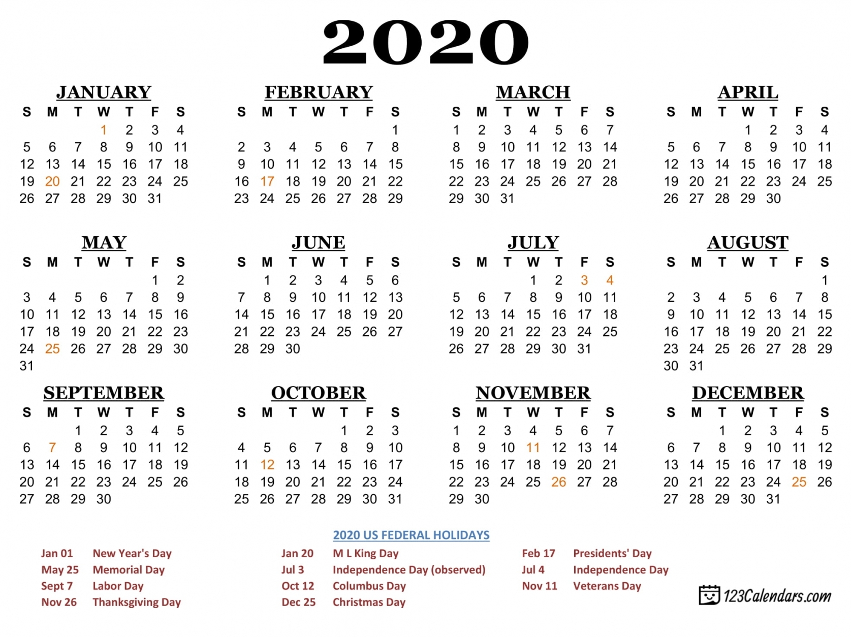 2020 Printable Yearly Calendar