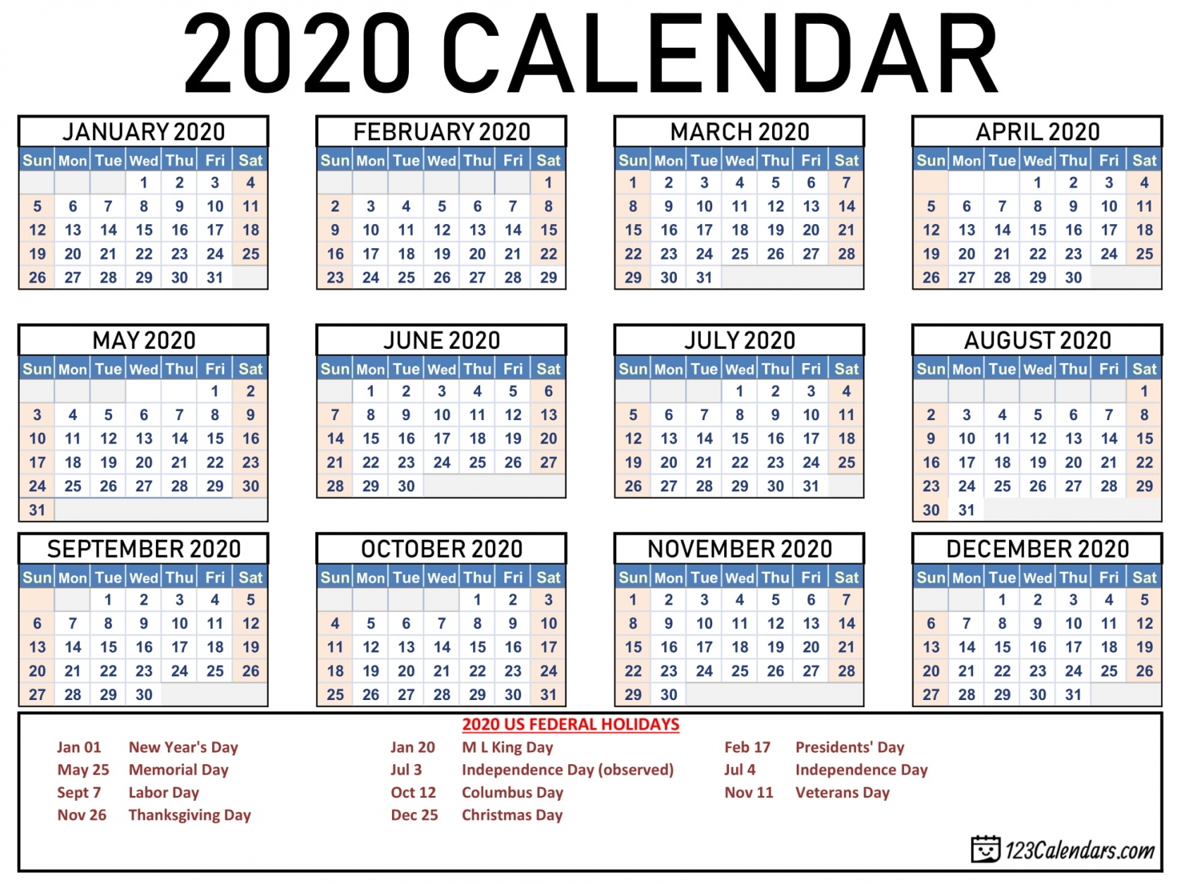 Printable Calendar 2020 With Holidays
