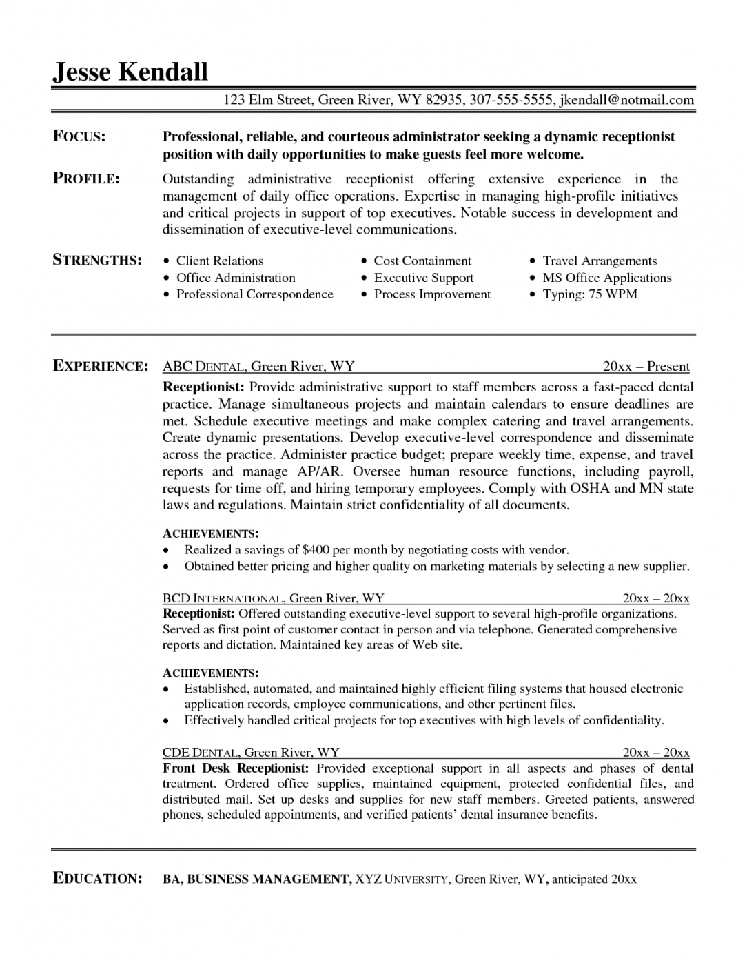 dental receptionist resume template